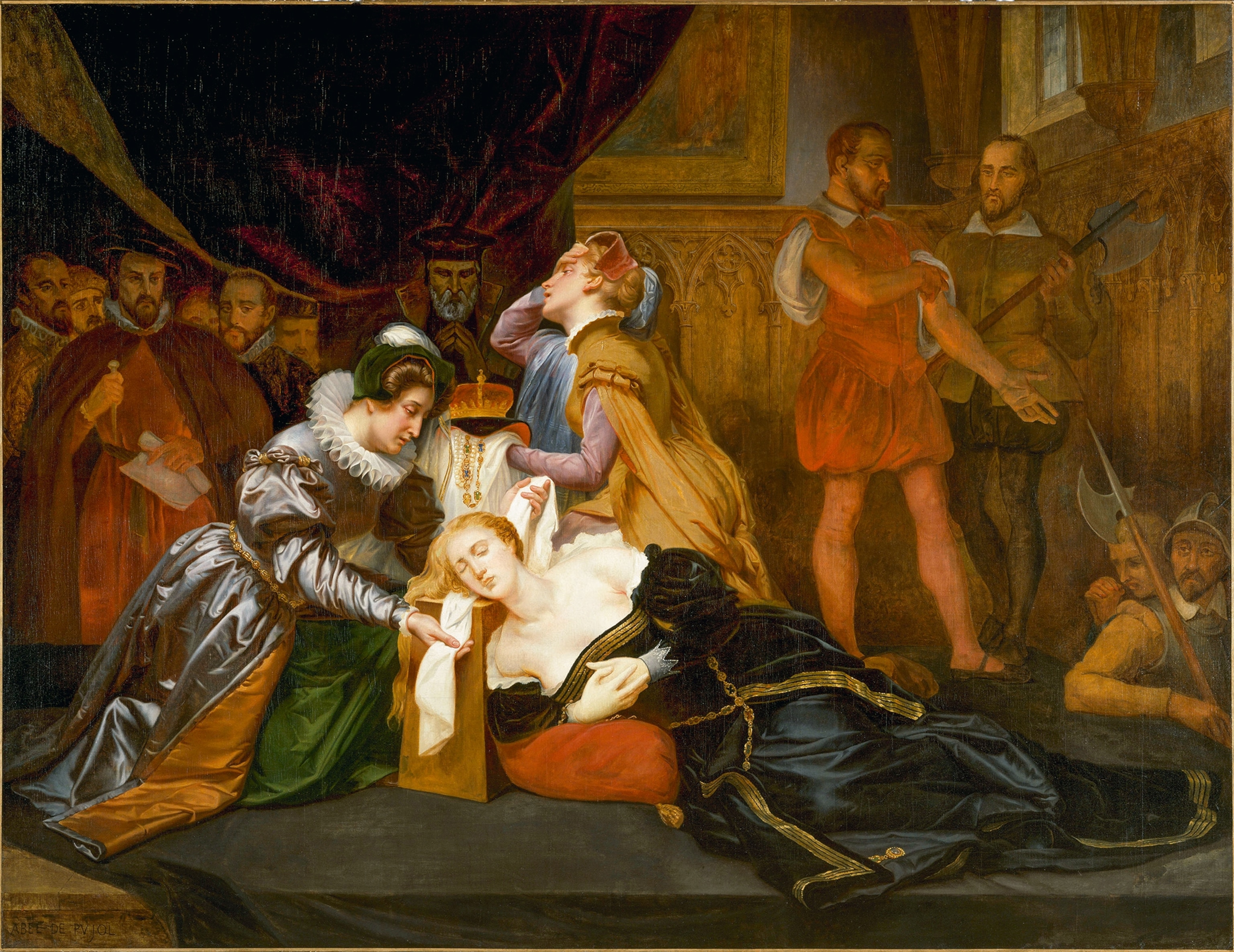 A 19th-century oil painting of four male attendants and two ladies accompanying Mary Stuart to the execution.
