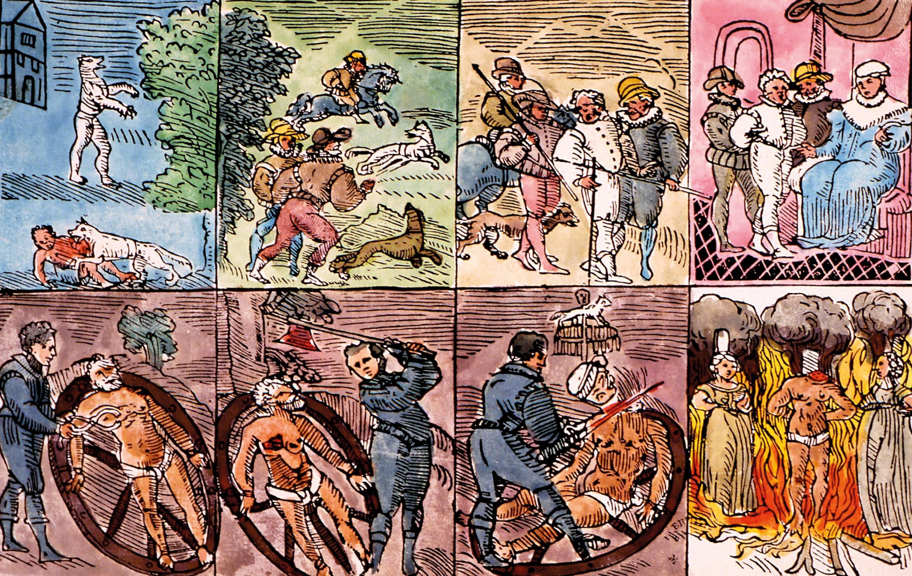 A colorized version of illustrations from a 1590 English pamphlet shows Stump as a werewolf, his arrest, his interrogation, and the stages of his brutal execution.