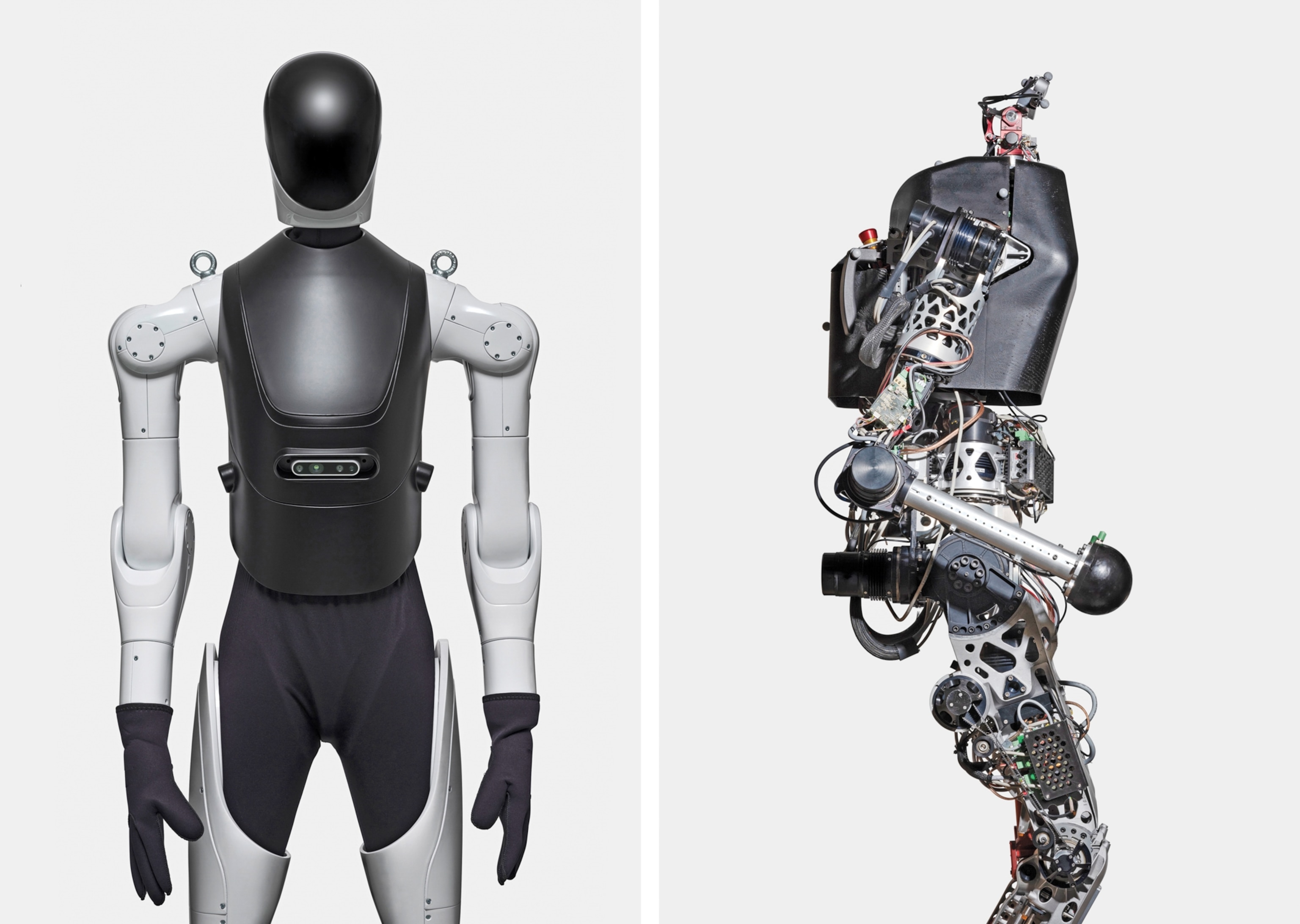 Humanoid robots. On the left, a humanoid robot with a sleek, minimalist design stands upright. It features a black head and torso with white jointed arms. On the right, A humanoid robot with exposed mechanical parts stands in profile. Metal rods, gears, and wires are visible, showcasing intricate engineering.