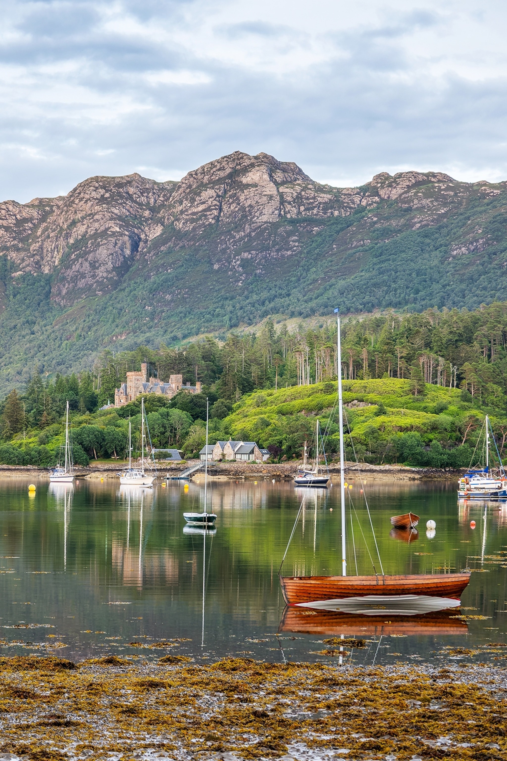 Seaweed in foreground, looking across a loch to Duncraig Castle, green forest and distant mountains.
