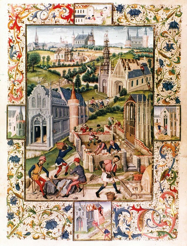 A 15th-century miniature shows the many stages of raising a cathedral.