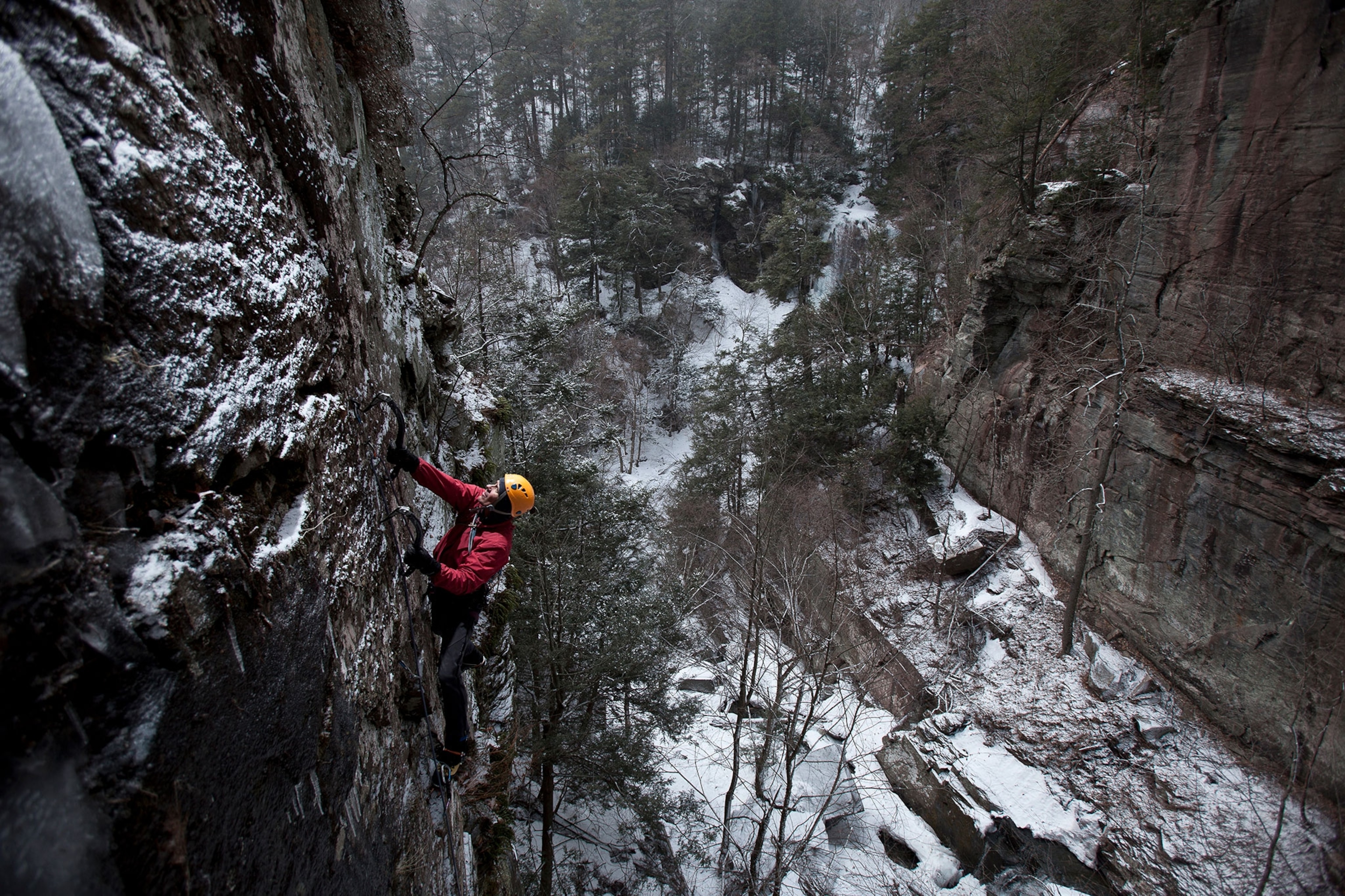 a climber climbing near the Catskill mountains, New York