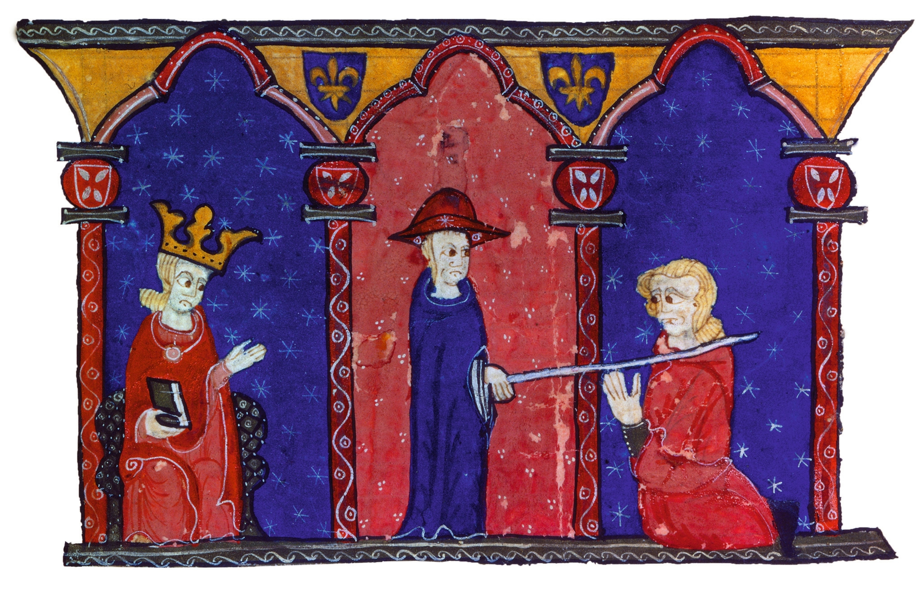 A 13th-century miniature shows Raymond VII surrendering to King Louis IX of France in 1229.