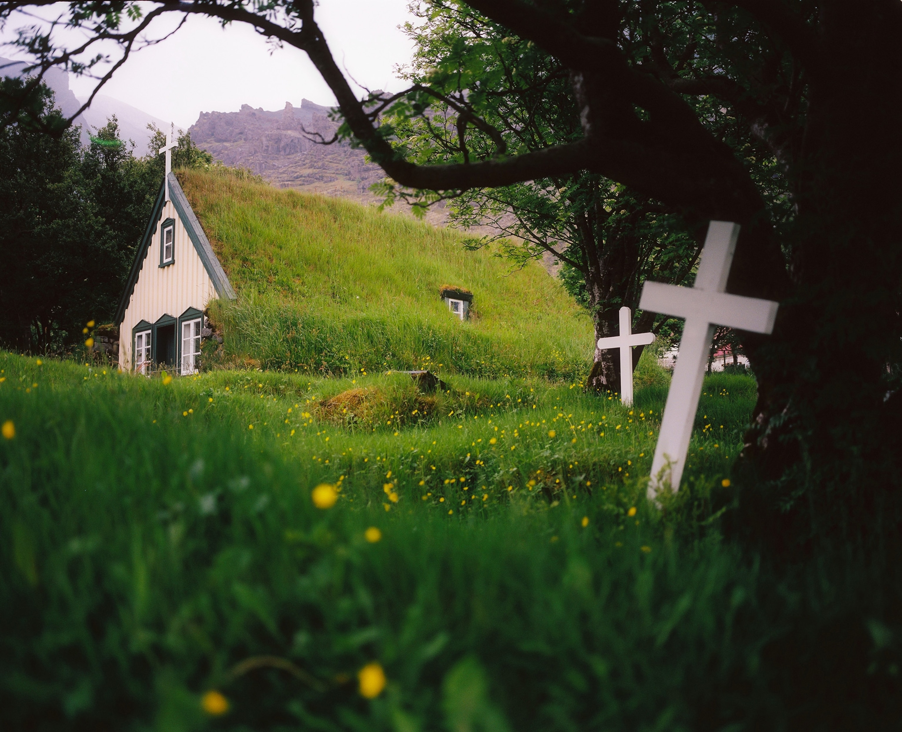 A church with a grass-covered roof sits in a grassy area surrounded by crosses.