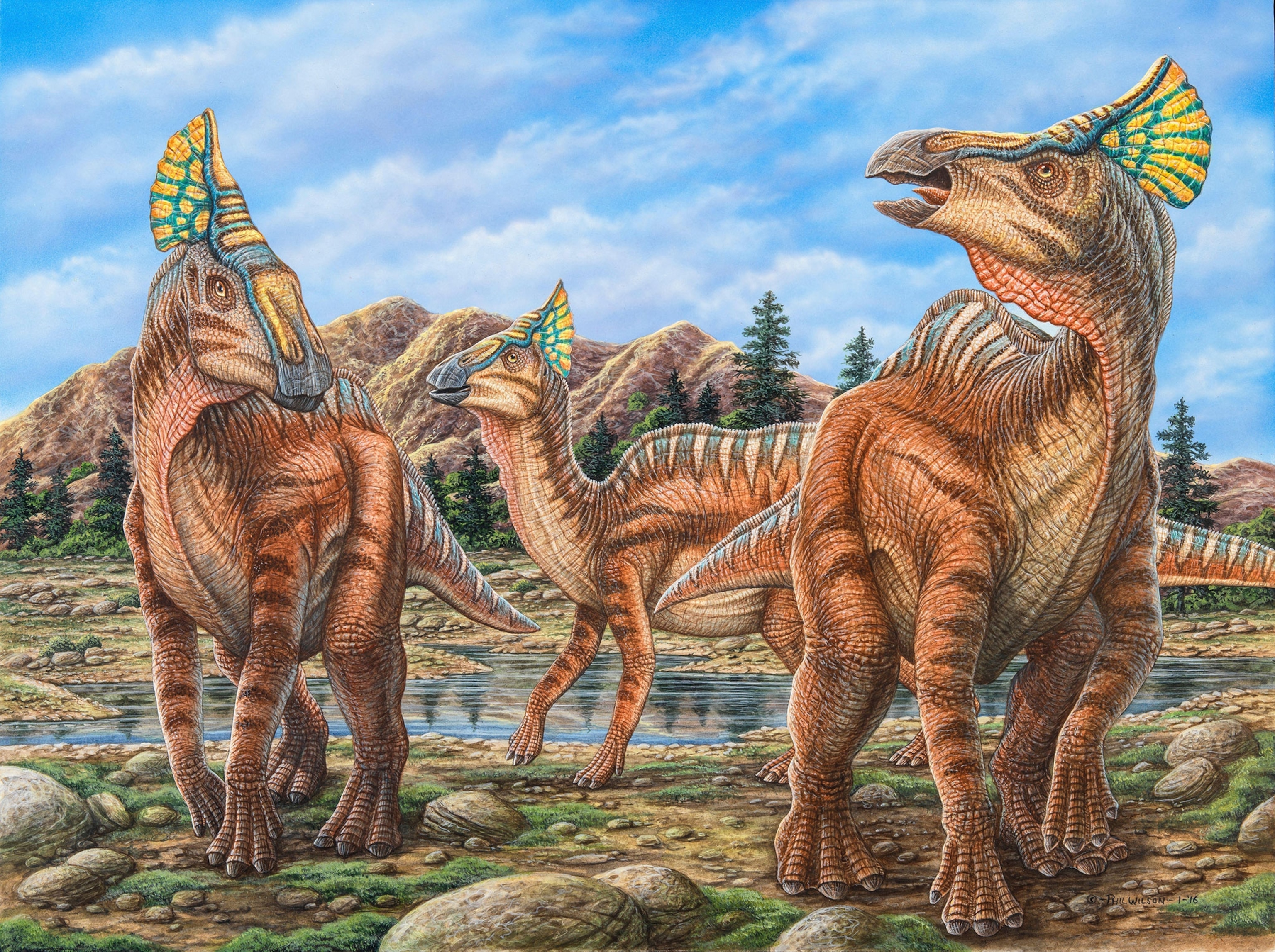 Olorotitan dinosaurs walking by a stream.