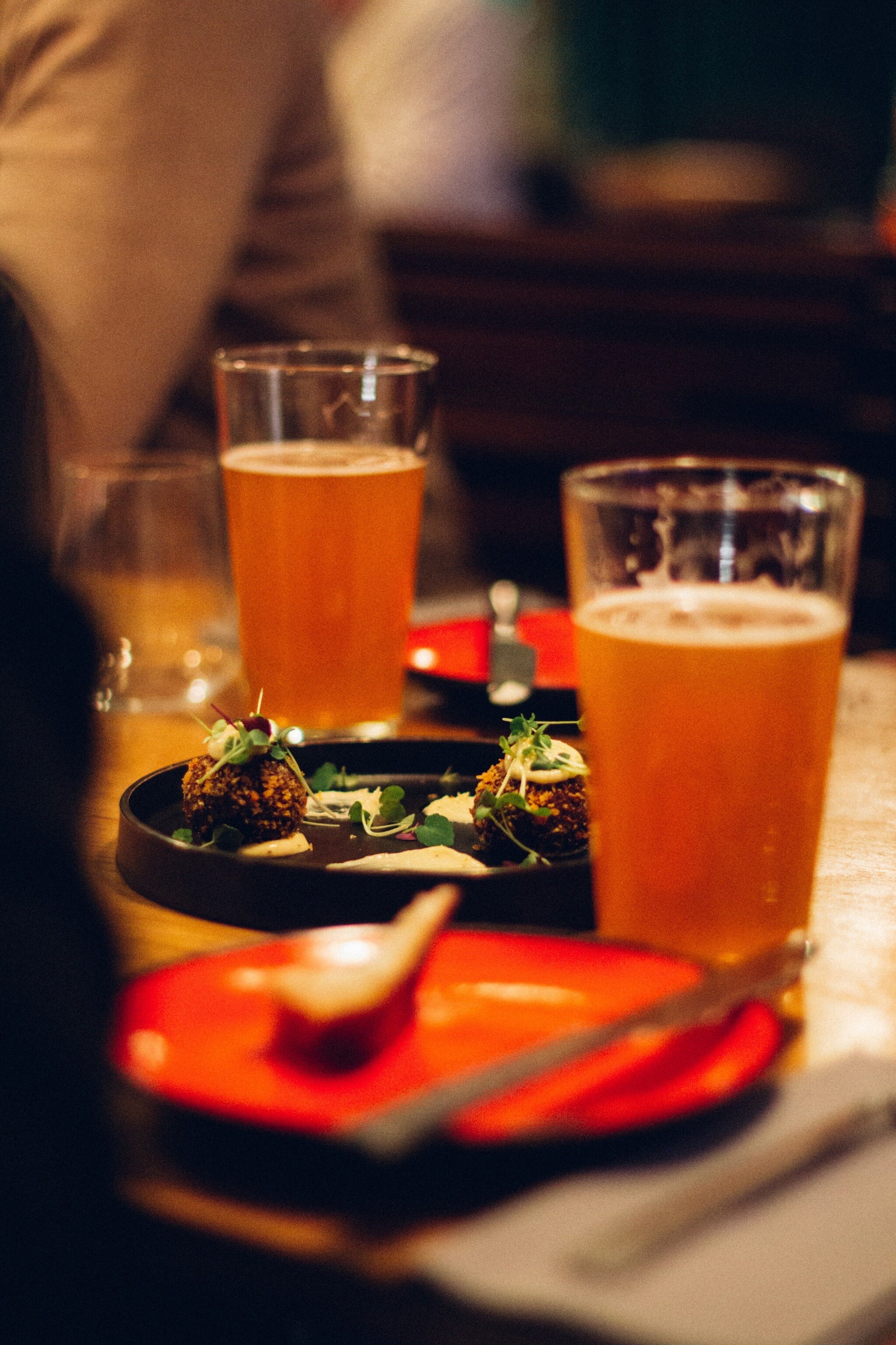 Food and drink at Nørrebro Bryghus Restaurant in Copenhagen, Denmark.