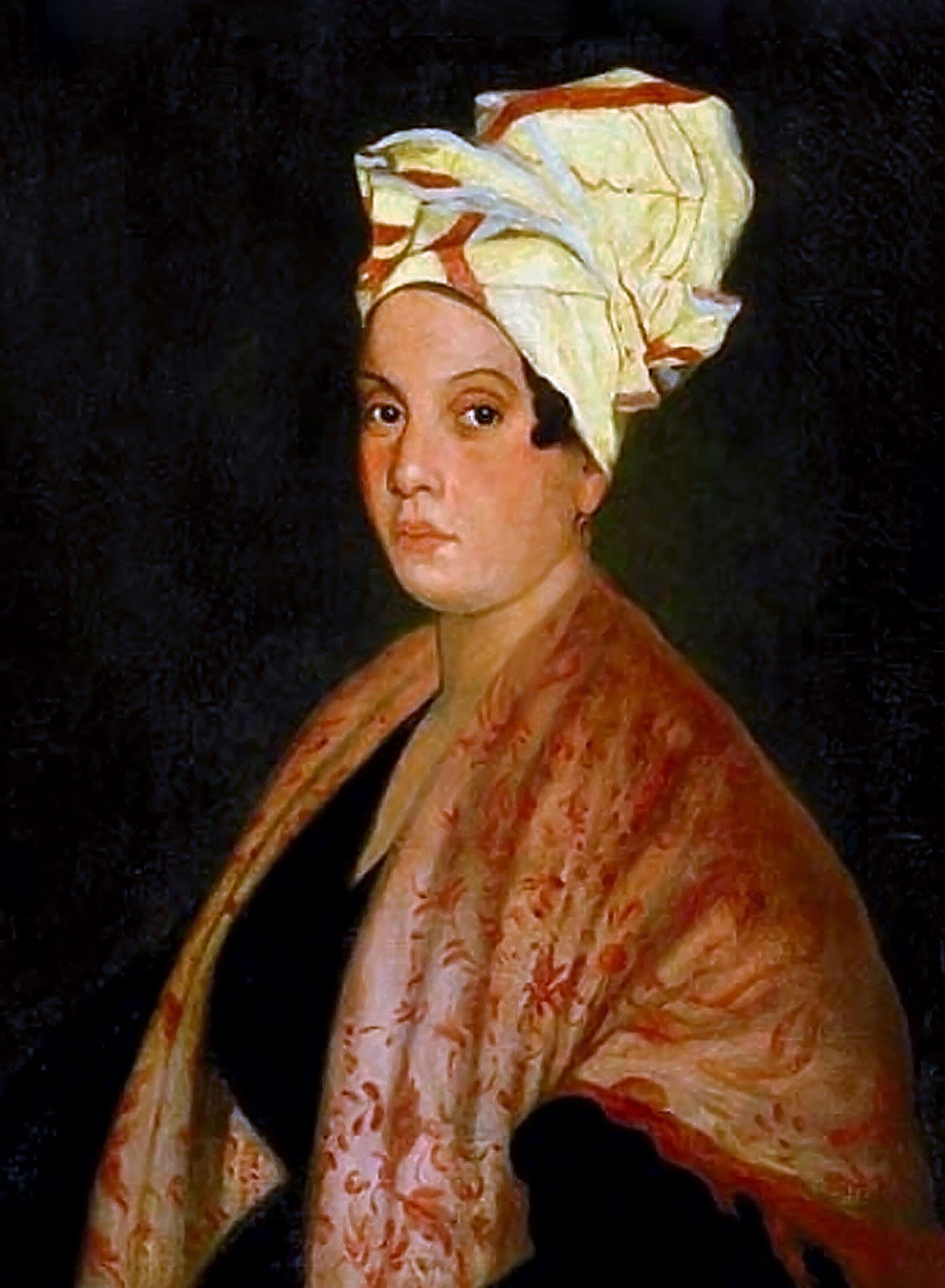 painting of a portrait of a woman with a head wrap on a black background