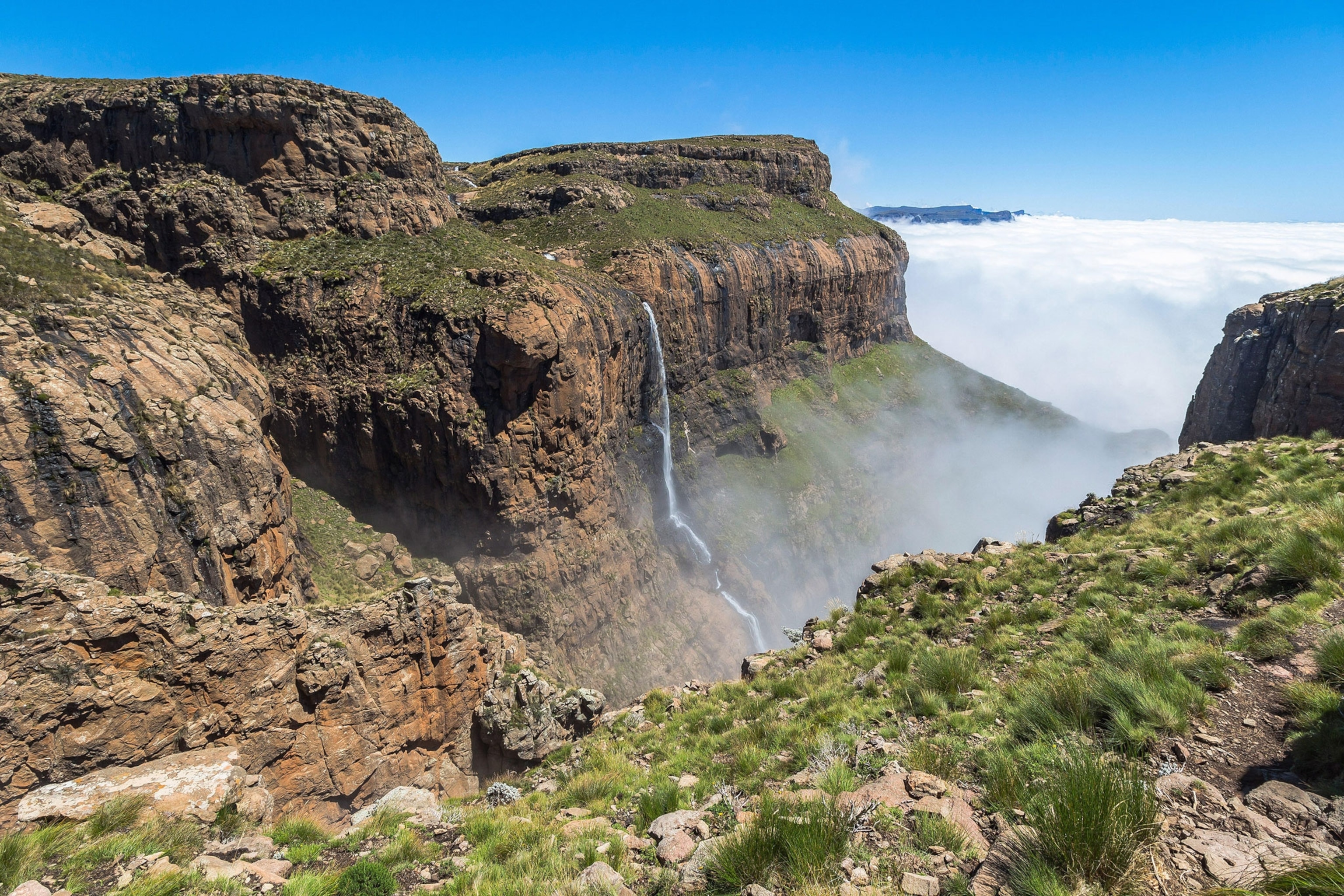 Waterfall at the top of Sentinel Hike, Drakensberge in South Africa