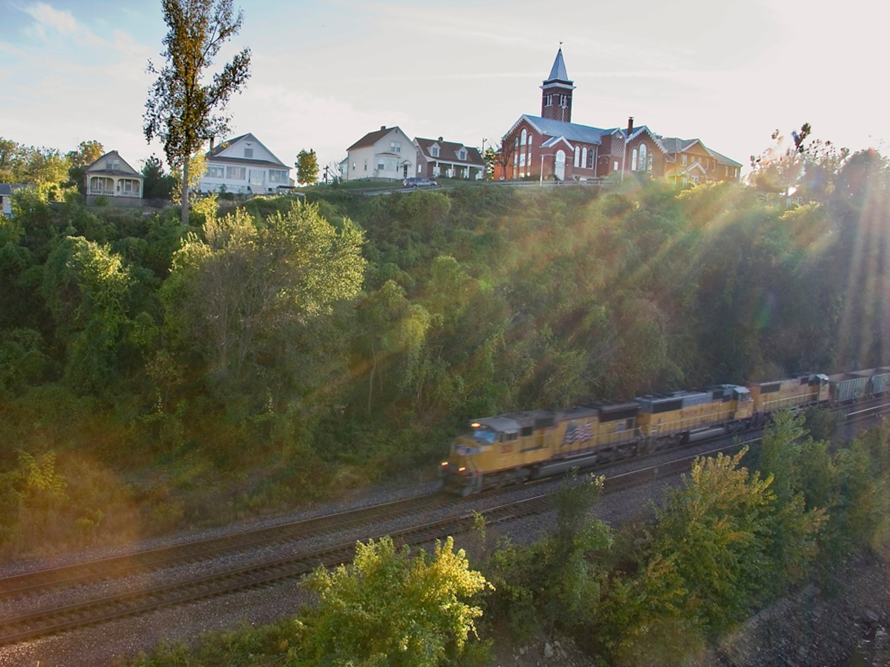 Train passing Hermann, Missouri