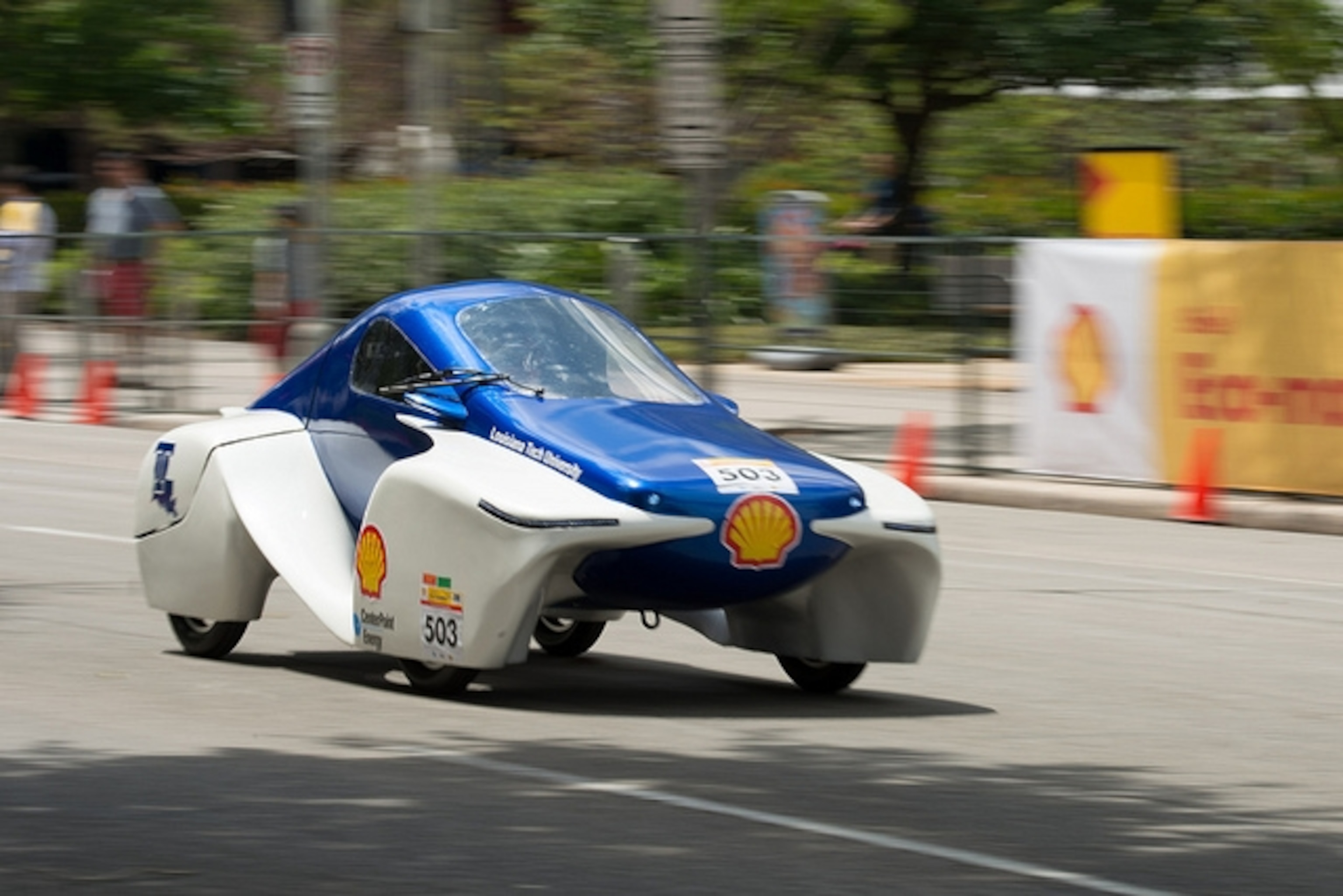 Louisiana Tech University's XX car on the track at Shell Eco-marathon Americas today in downtown Houston. Photo courtesy of Shell Eco-marathon.