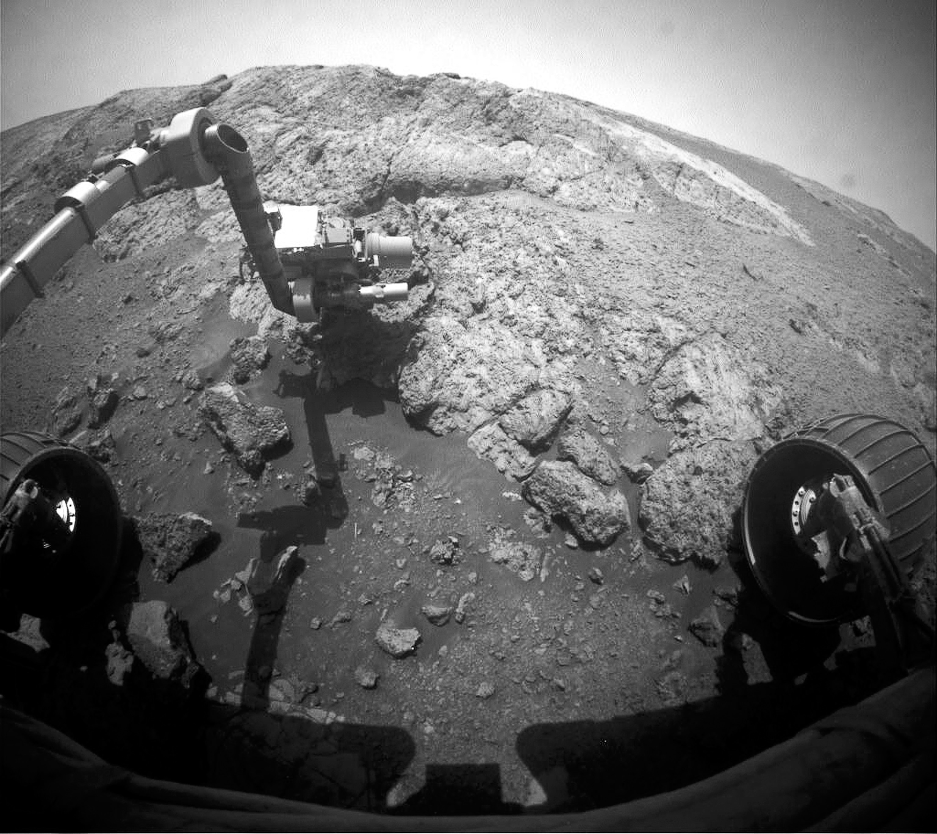 Mars rover picture - Opportunity with its hazard camera extended.