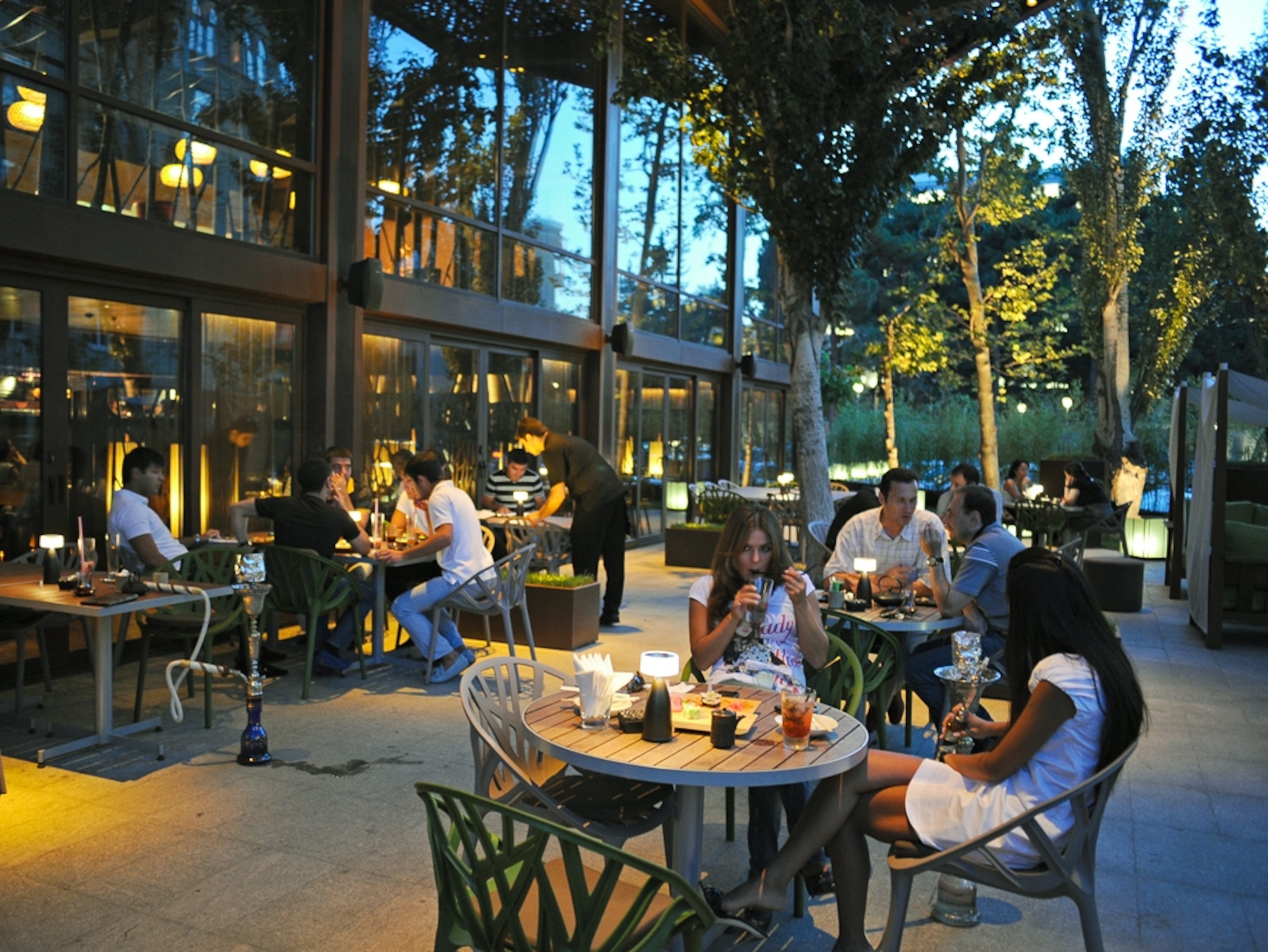 The outdoor patio lounge of the Chinar restaurant in Baku, Azerbaijan