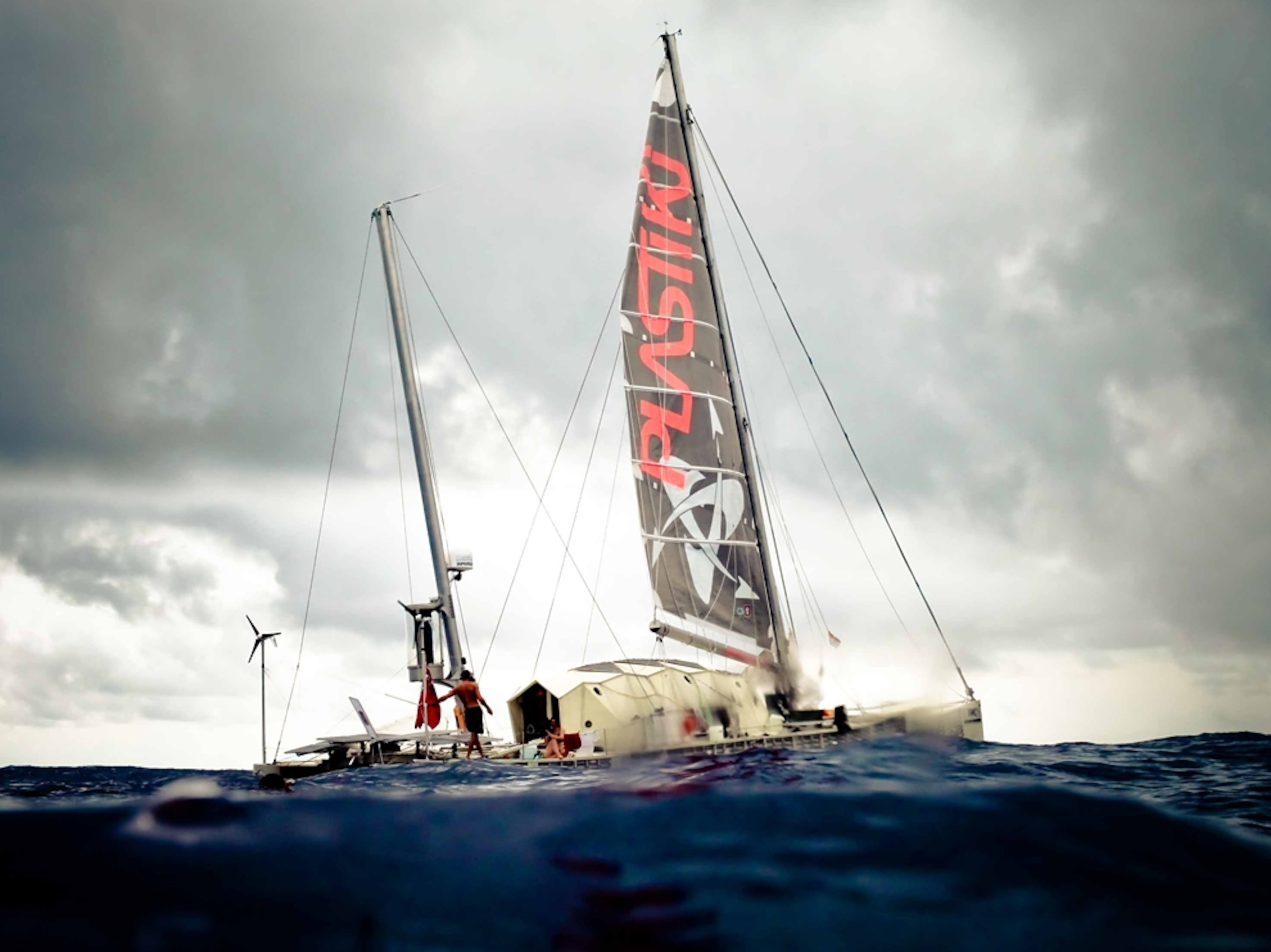 Plastiki sailboat floating on the ocean