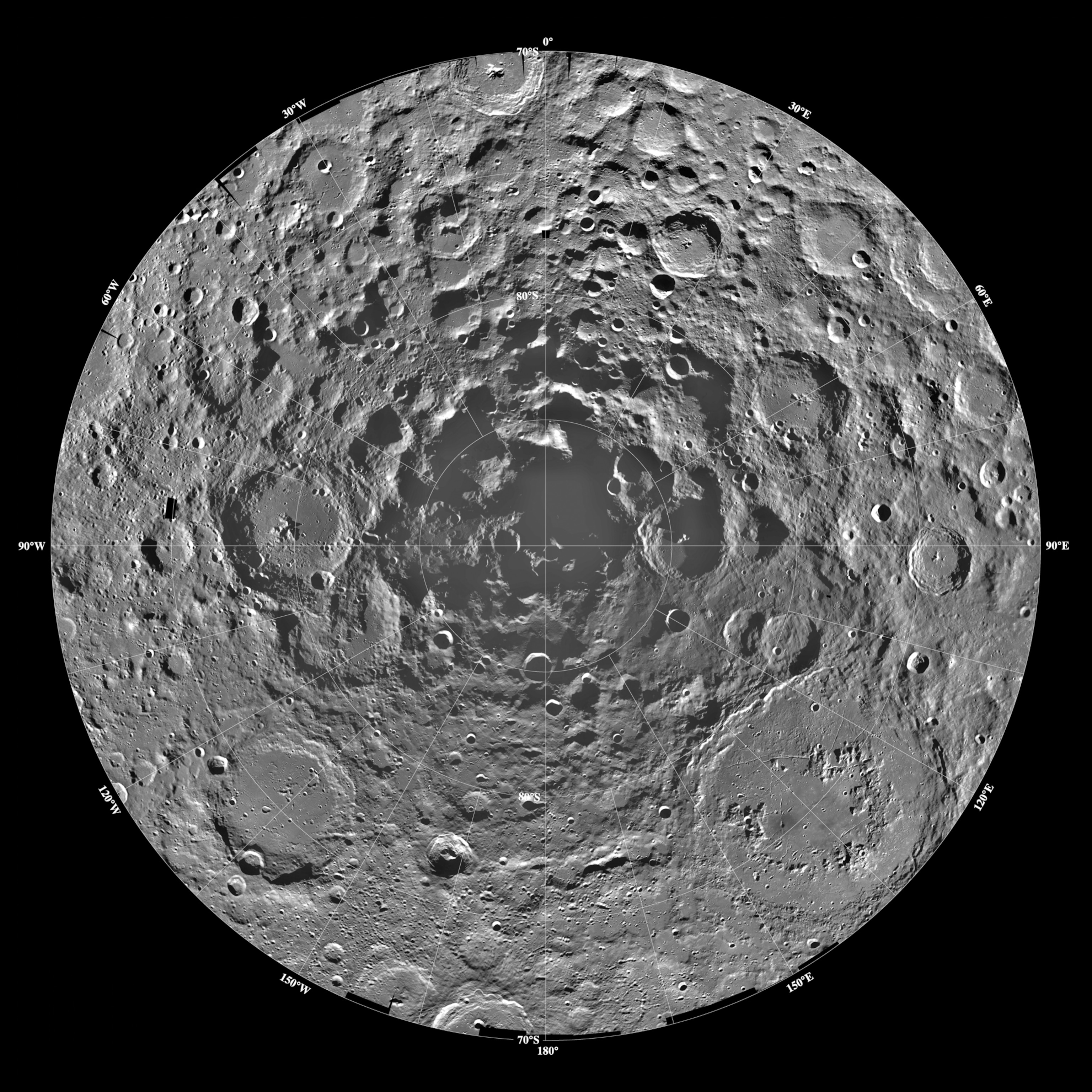 Cylindrical polar projection of the Moon's South pole, showing a rugged landscape filled with numerous craters and detailed surface textures