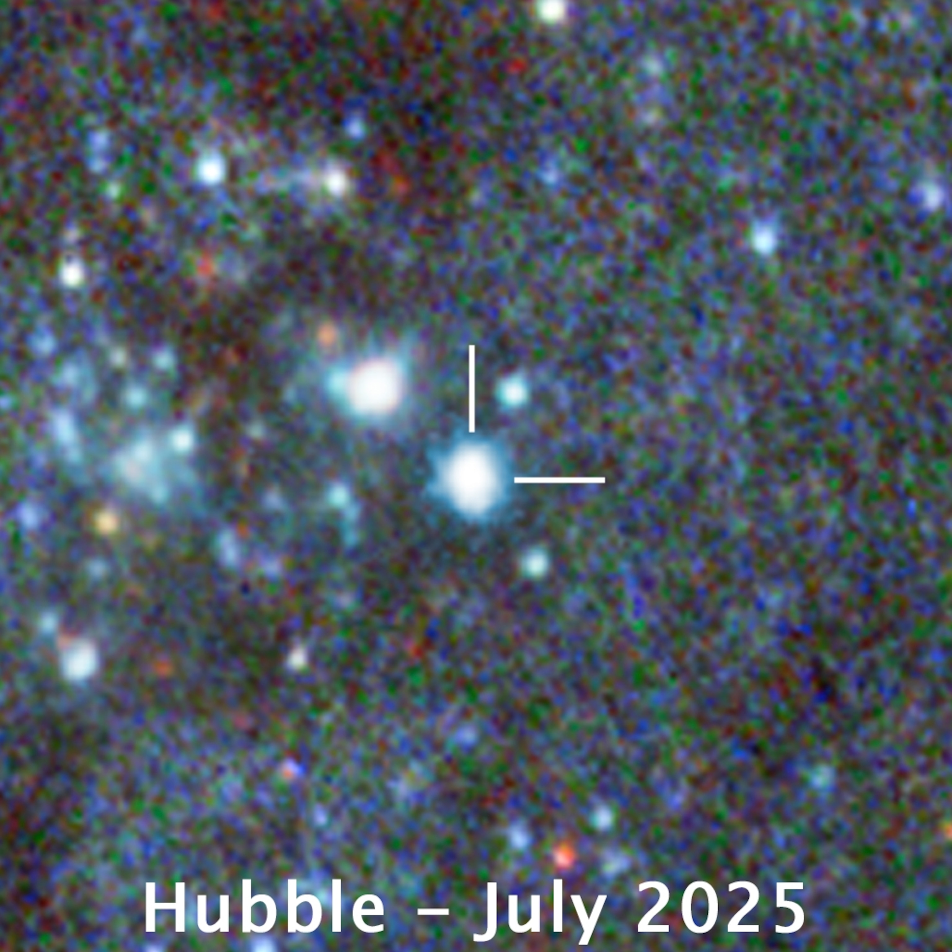 A blurred image of a starry sky, taken by Hubble in July 2025. White lines center on a bright celestial object.