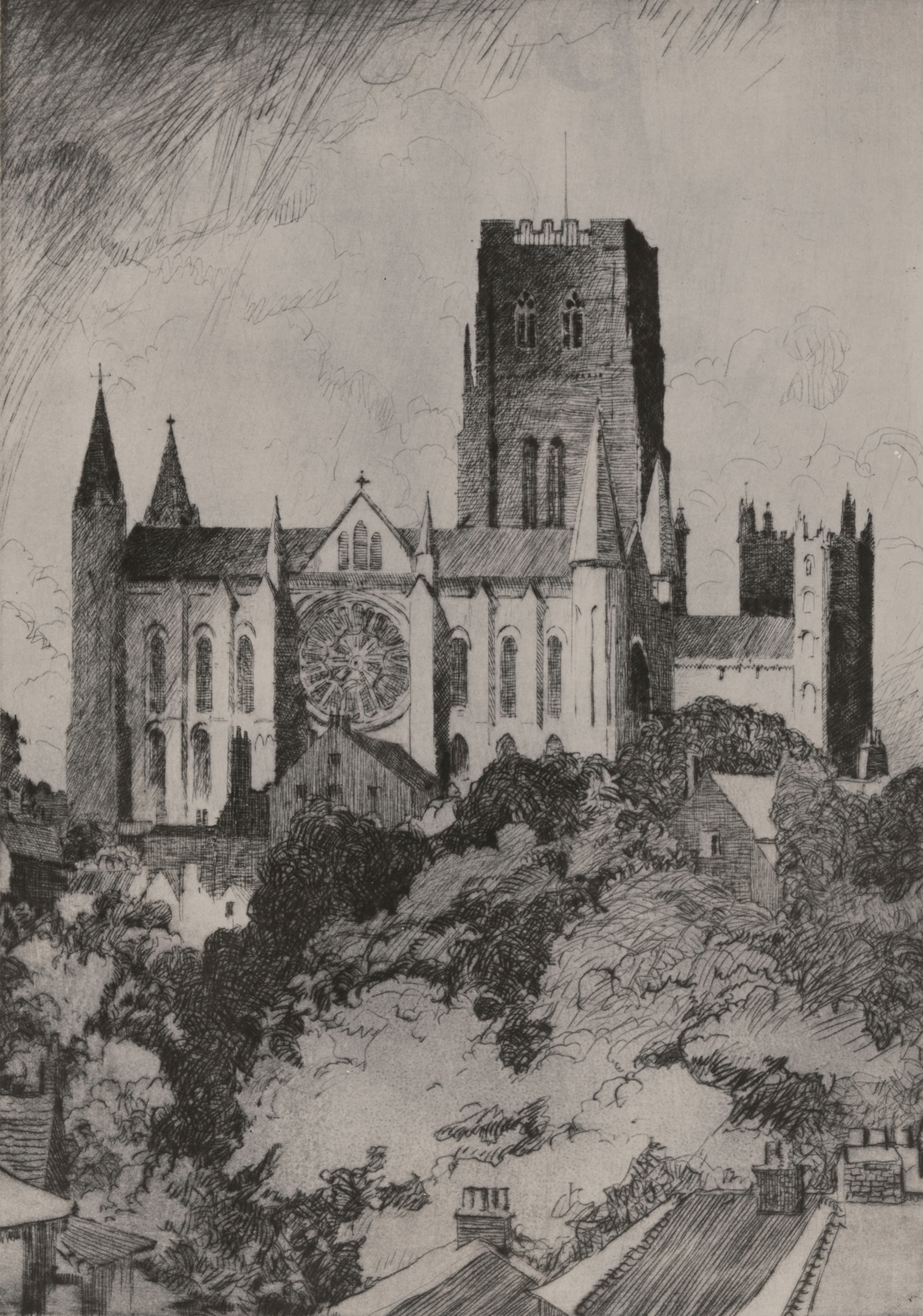 This drawing by Norman Wilkinson depicts the Durham Cathedral.