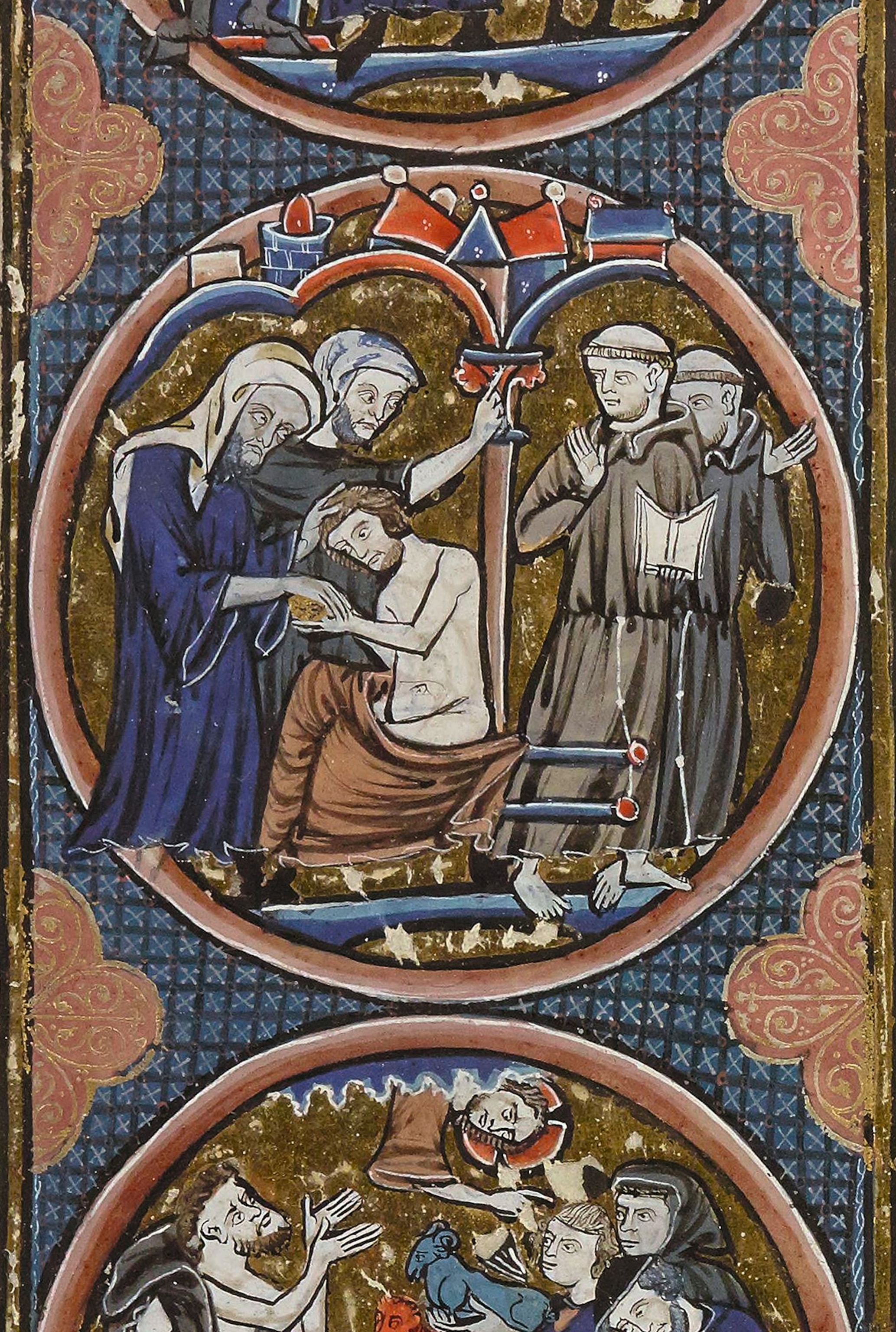 A miniature of Cathars (left) performing the consolamentum (Cathar baptism) while two Franciscans (right) look on in horror at their heresy.