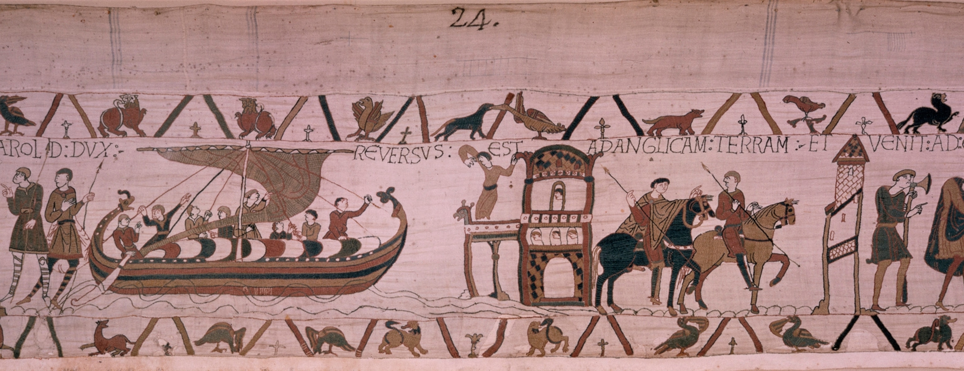 Scene from tapestry in which Harold sails home to King Edward.