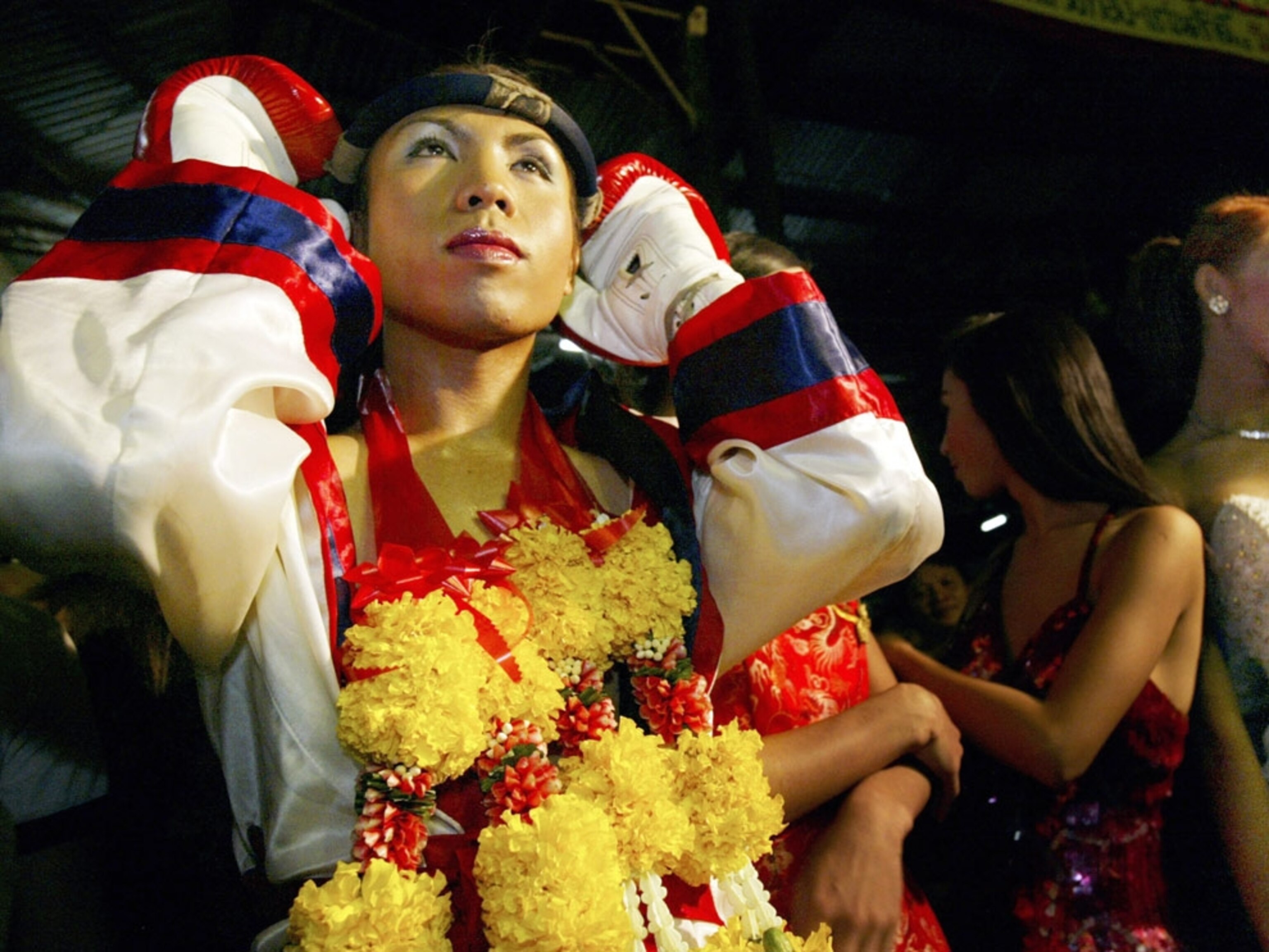 Transvestite kickboxer getting ready for ring