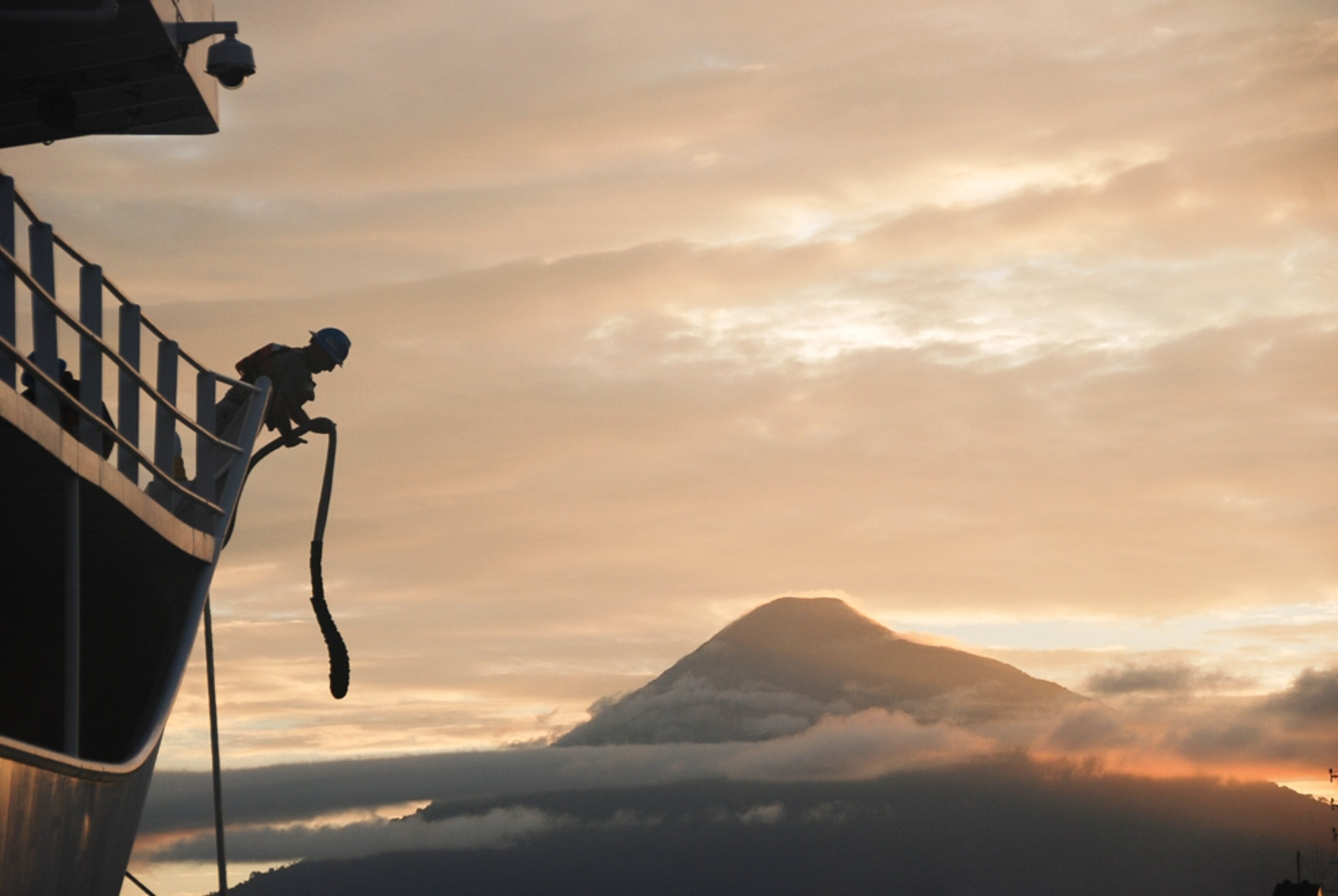 Picture of the Okeanos Explorer research vessel setting off on its maiden voyage in Indonesia