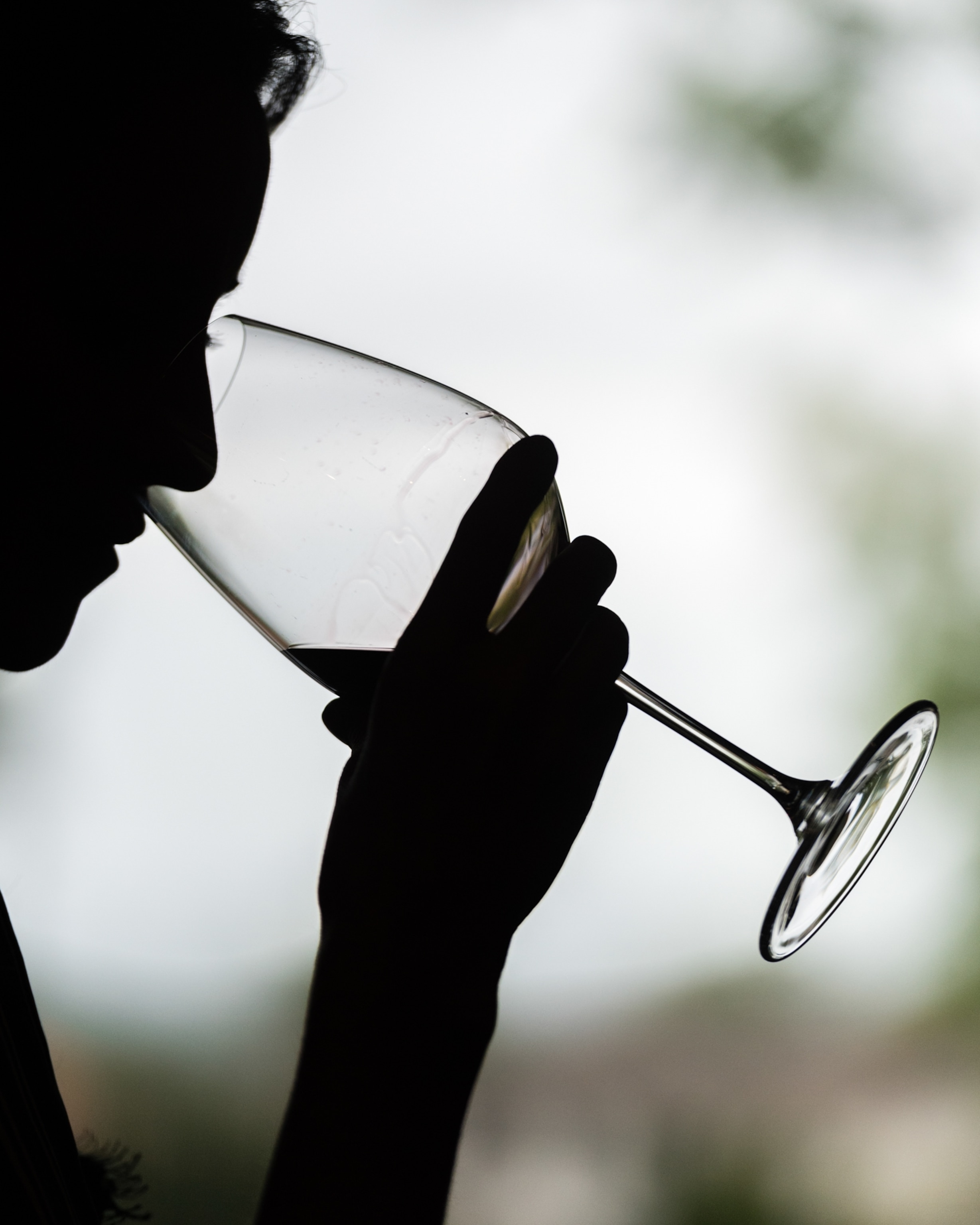 A silhouette of a woman sniffing from a glass of wine