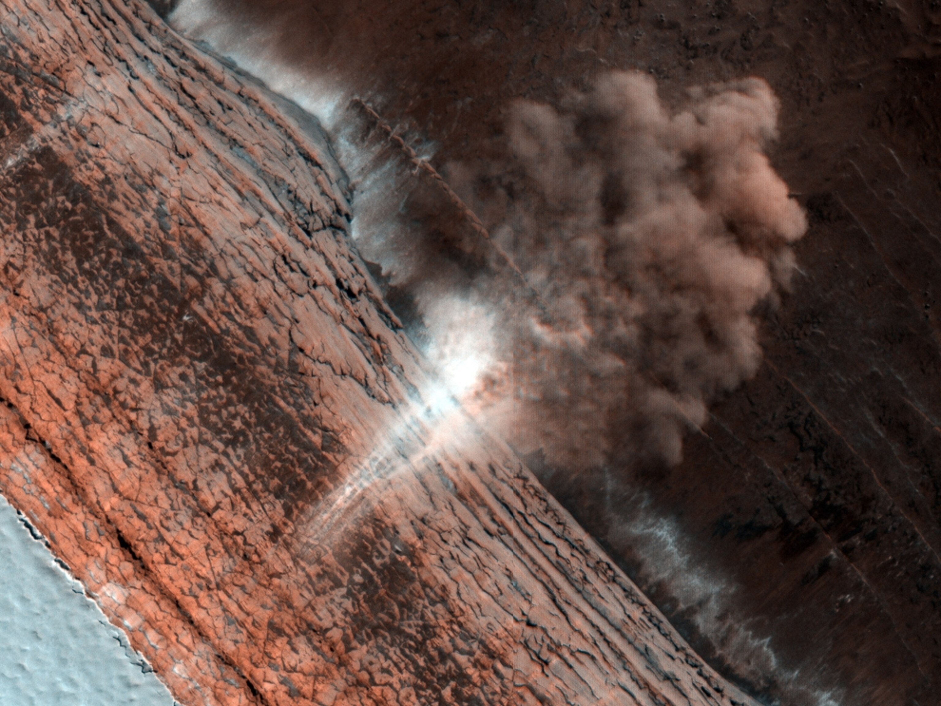Mars picture: an avalanche on a scarp face near the north pole