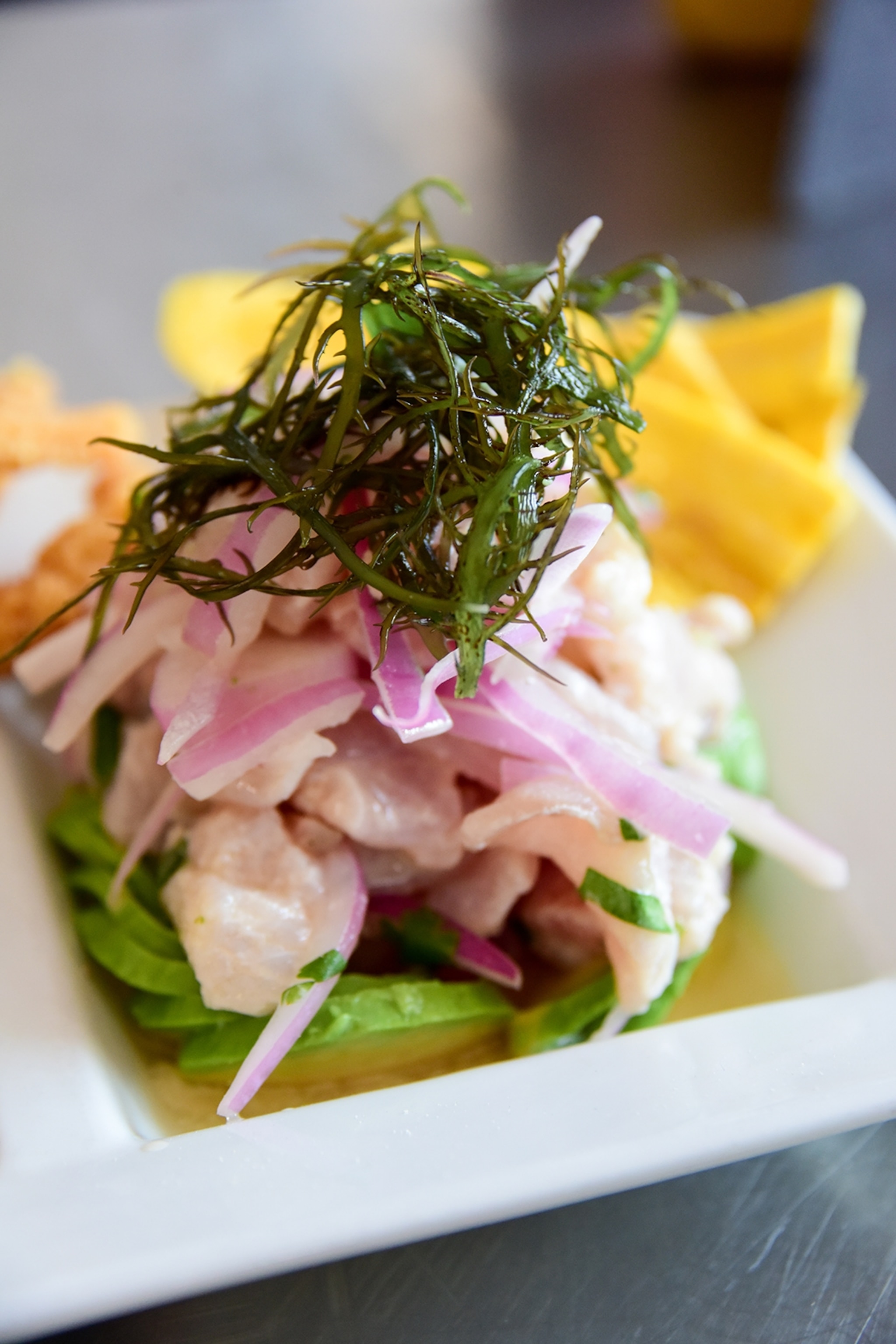 A plate piled with a dish of vegetables, raw fish and herbs