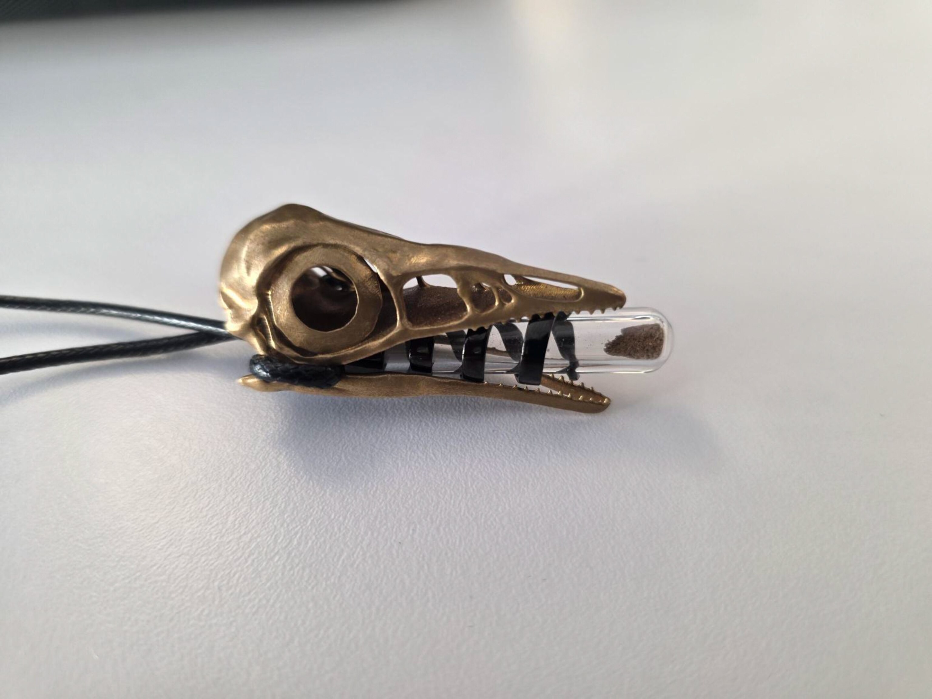 Bronze pendant shaped like a bird skull with a hollow eye socket and clear beak, containing a vial of ash