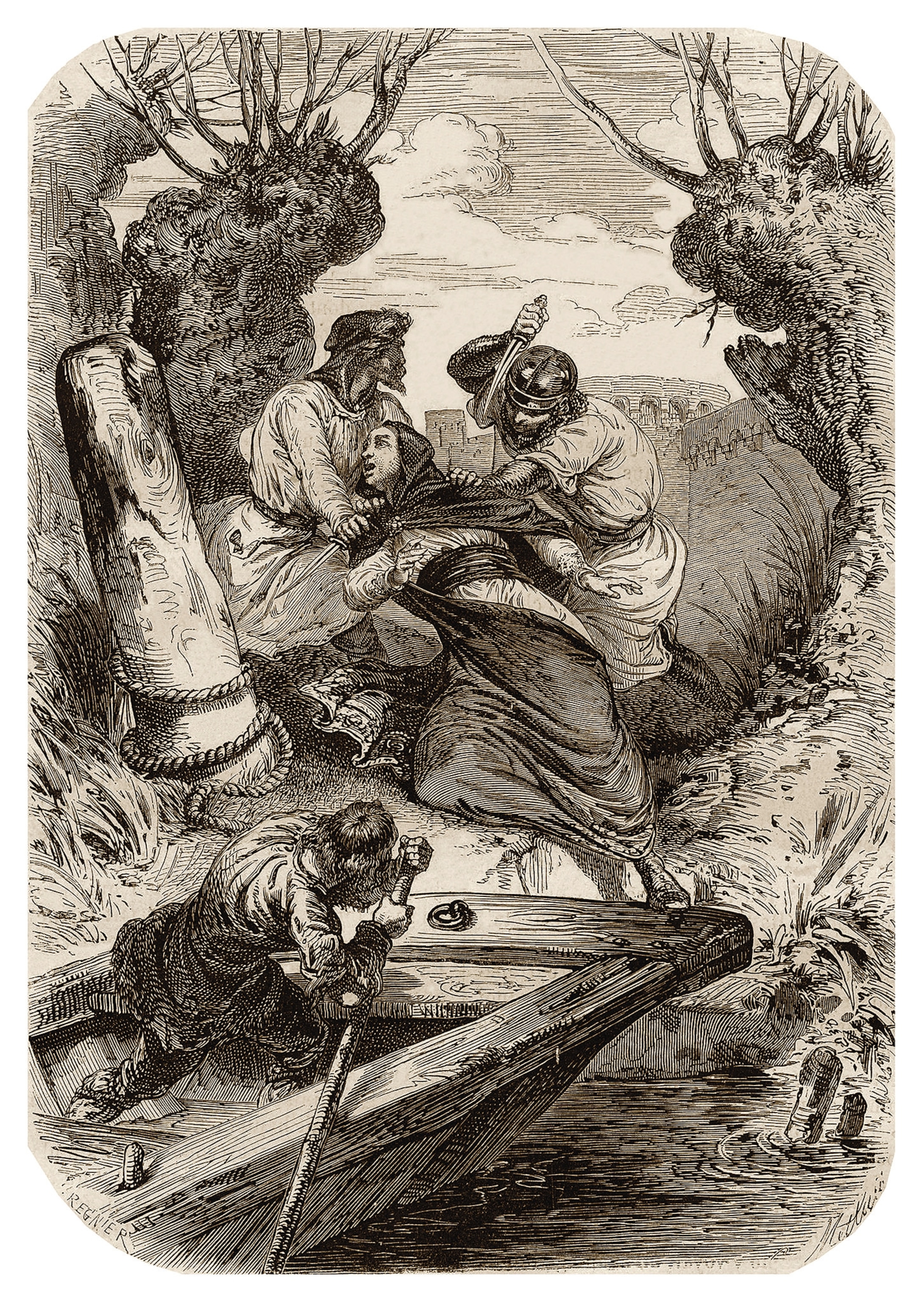 The attack on Pierre de Castelnau is depicted in a 19th-century engraving