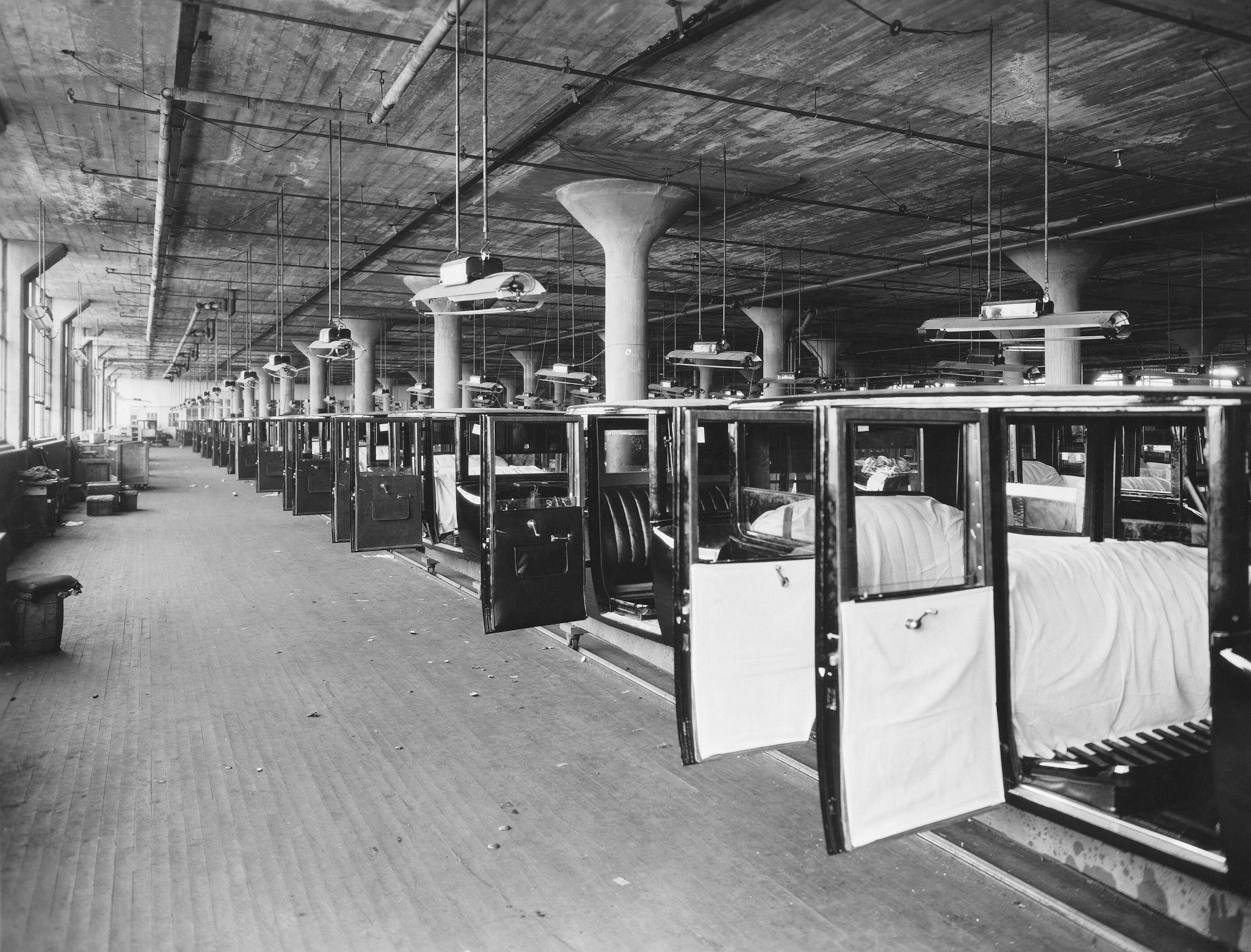 the interior of a Studebaker body assembly plant in South Bend, Indiana