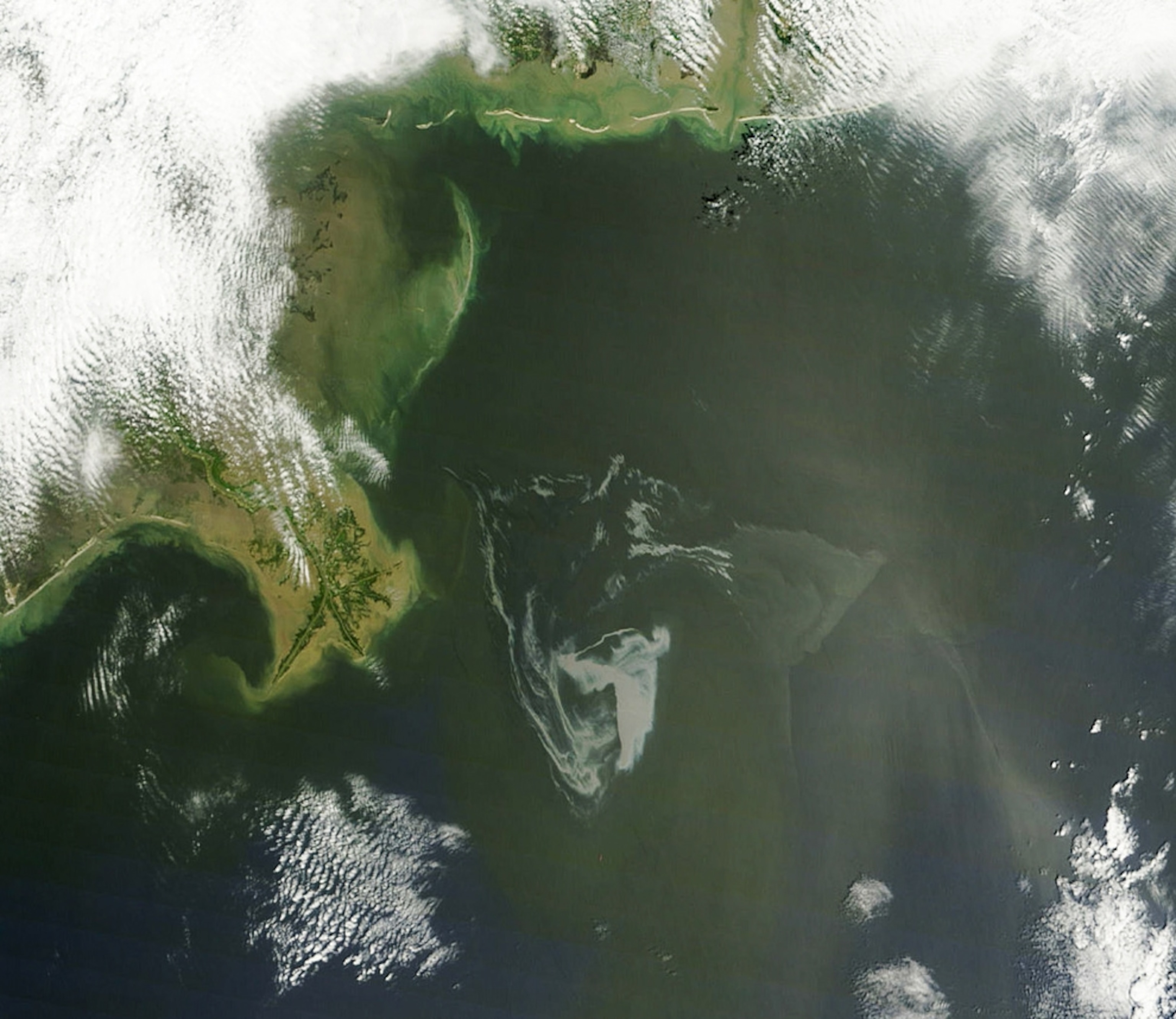 The 2010 Gulf of Mexico oil spill seen in a satellite picture from May 1.