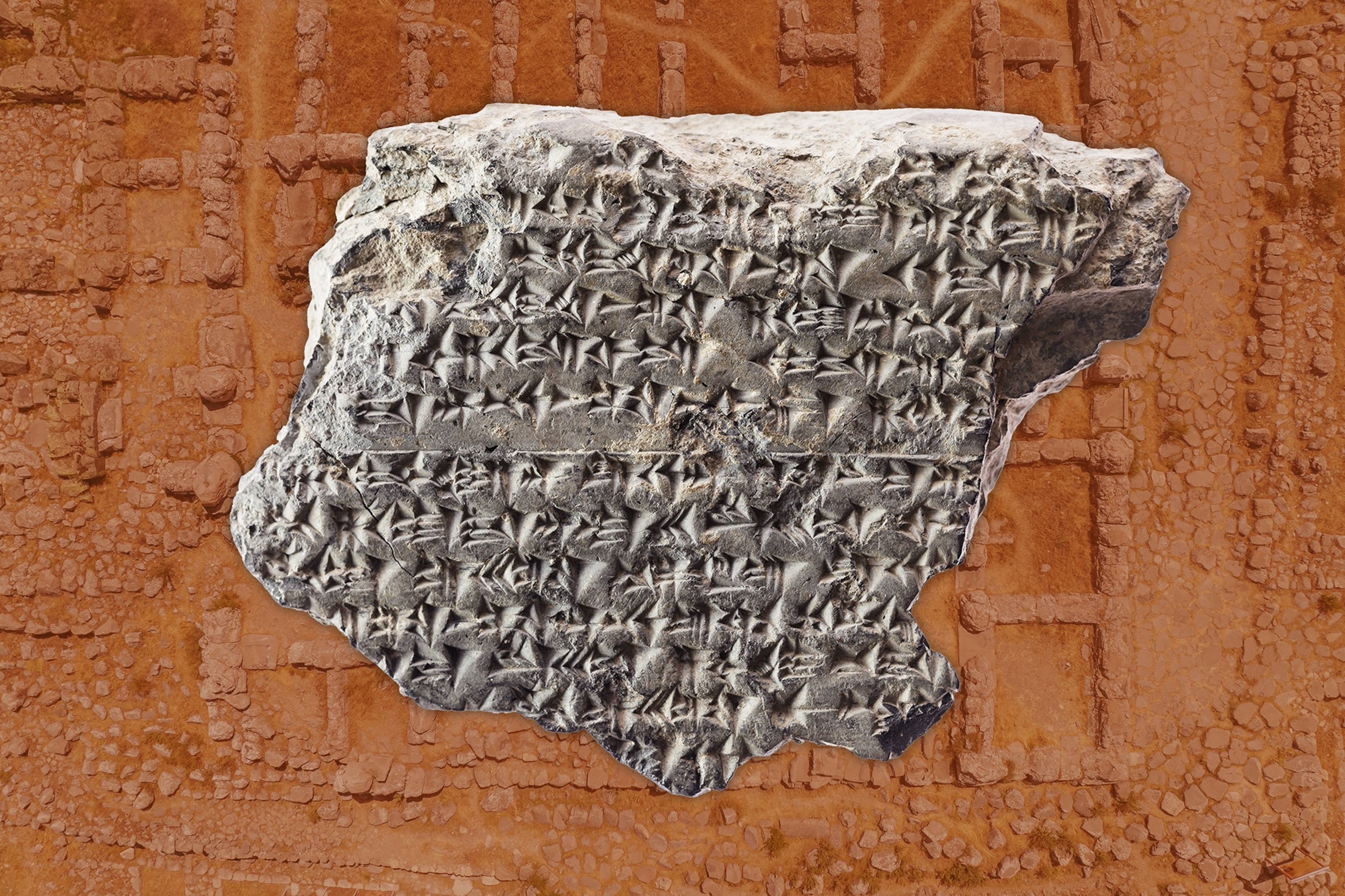 A gray stone cuneiform tablet overlayed onto a terracotta-red toned aerial photo of an excavation site.