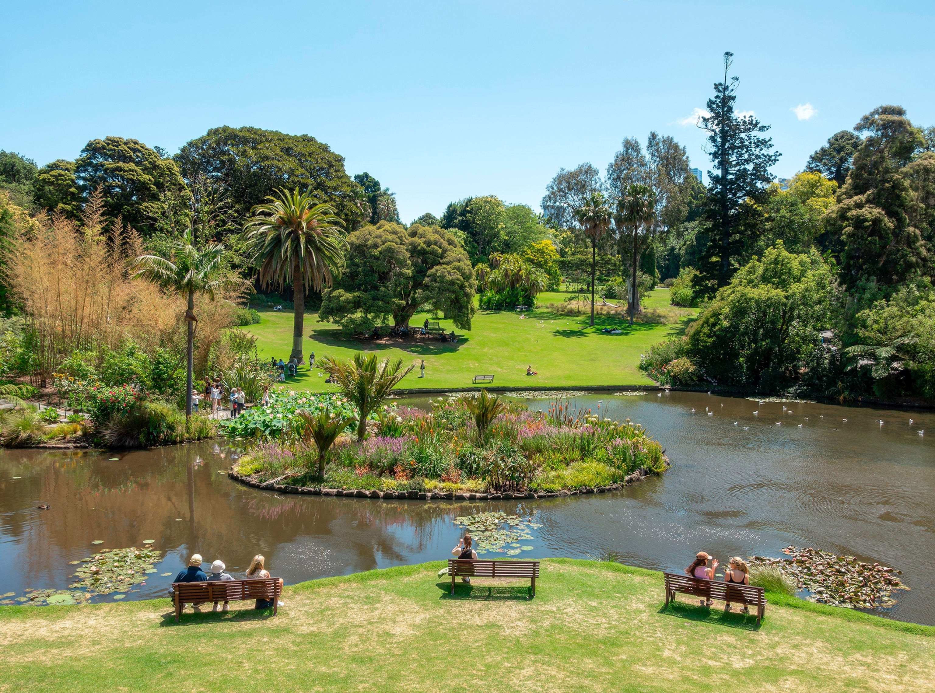 A landscaped park features a small island garden surrounded by a pond, with people sitting on benches in the foreground and lush trees, lawns, and flowering plants under a clear blue sky.