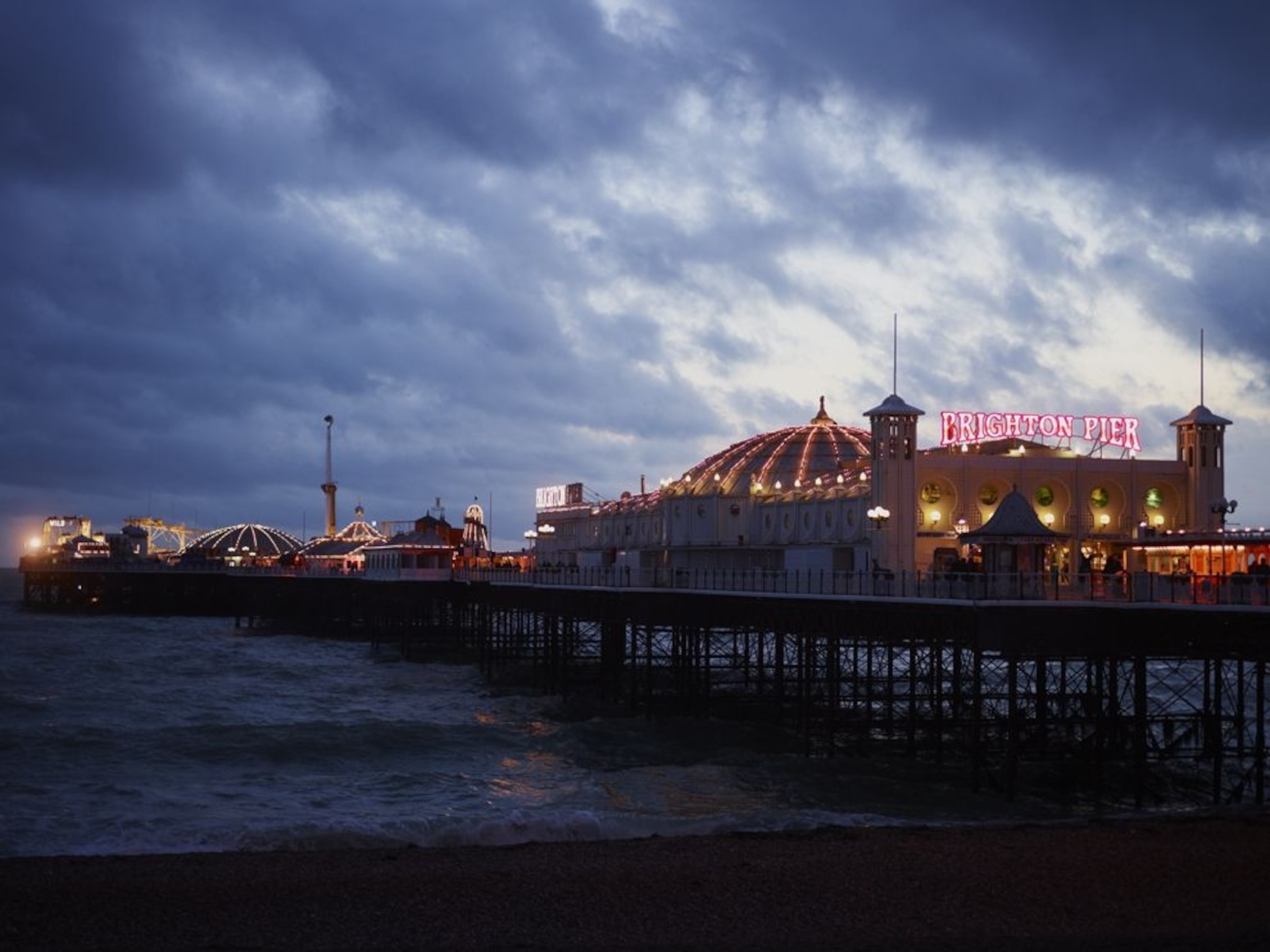Brighton Pier at dusk.
