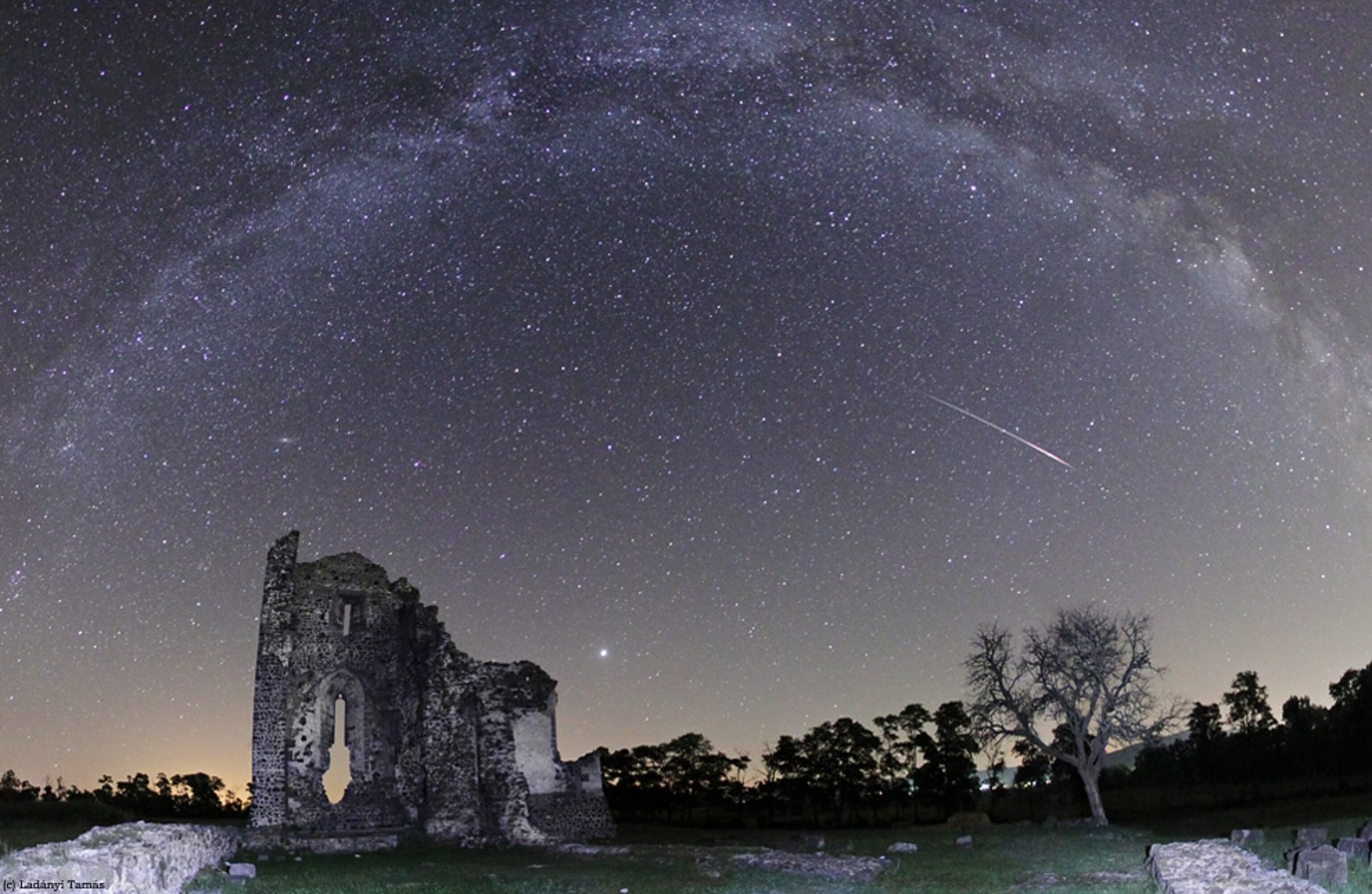 A picture of a Perseid meteor streaking over Hungary on August 8