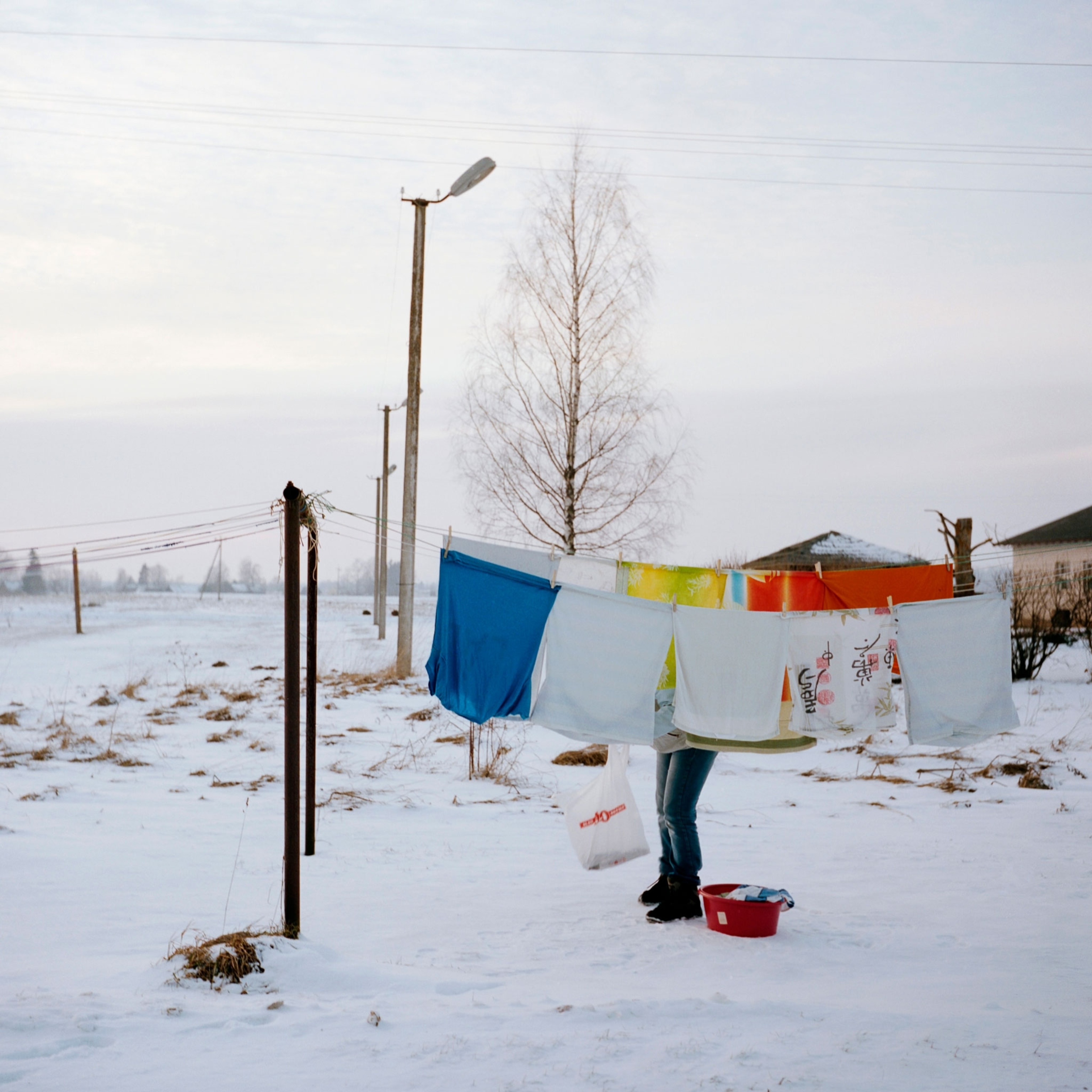 a clothesline in the snow