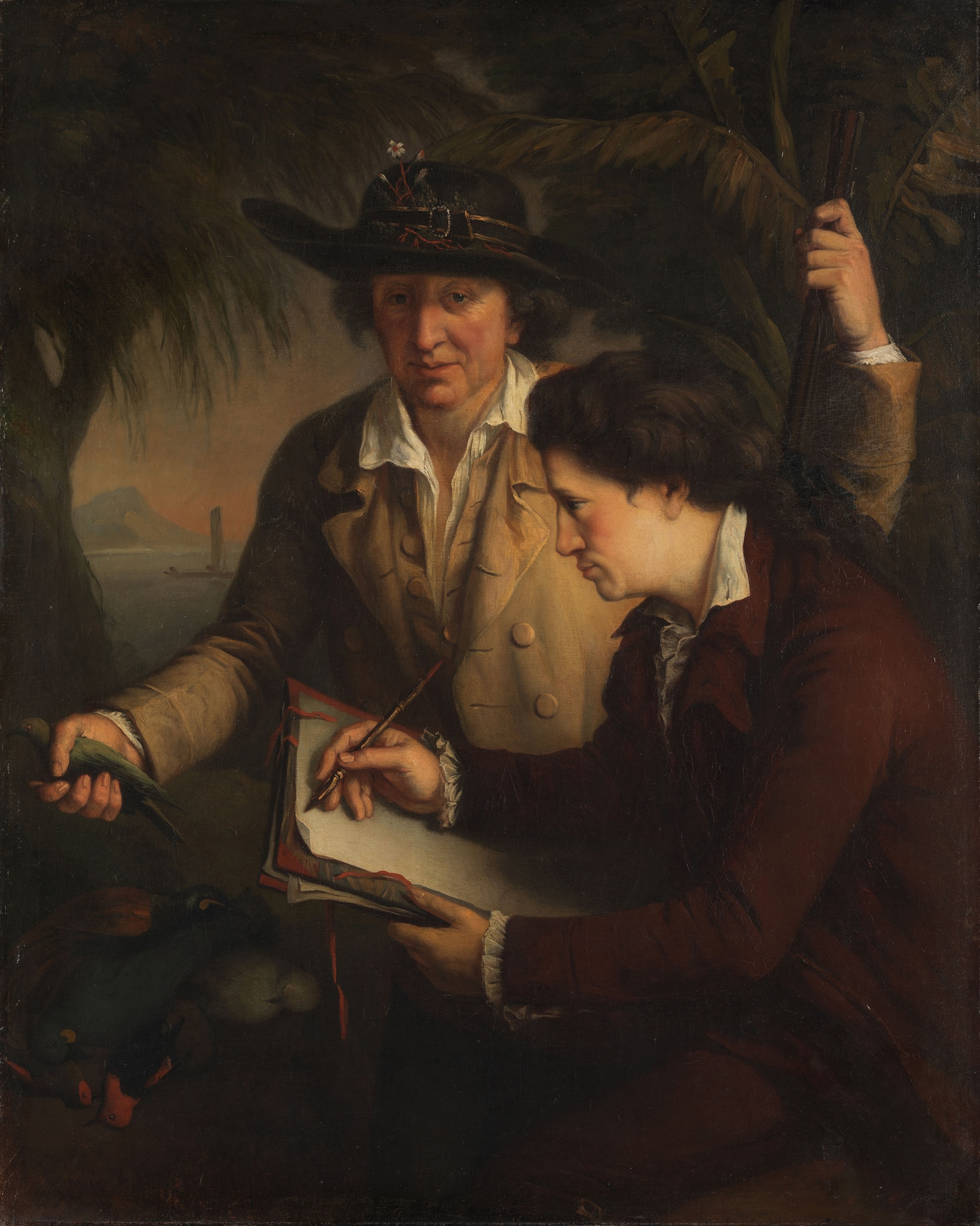 An 18th century painting of two men, one holding a dead bird while the other draws it.