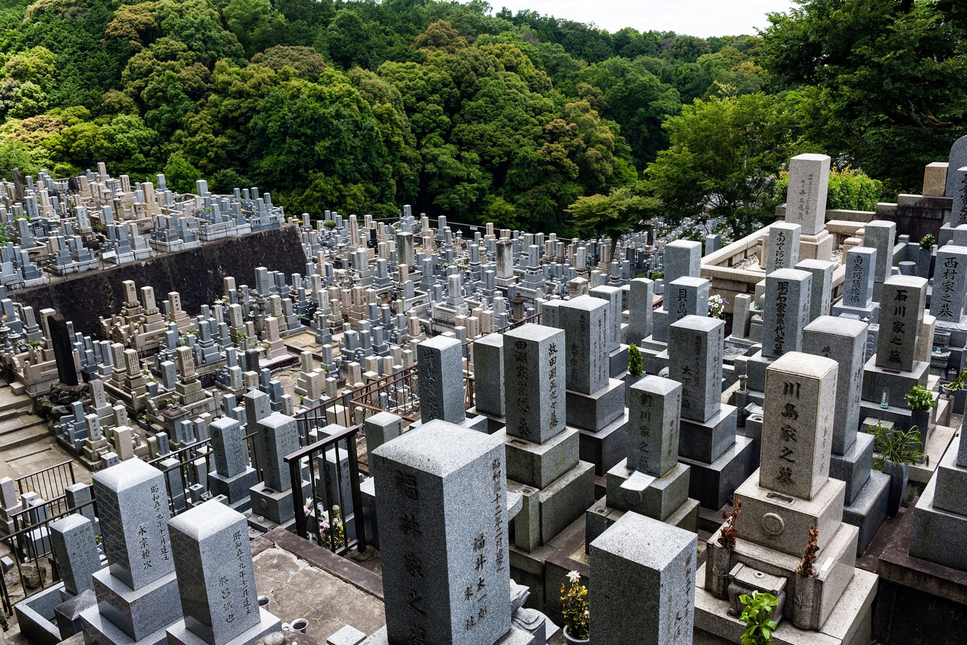 a graveyard full of tombstones near a temple in Japan