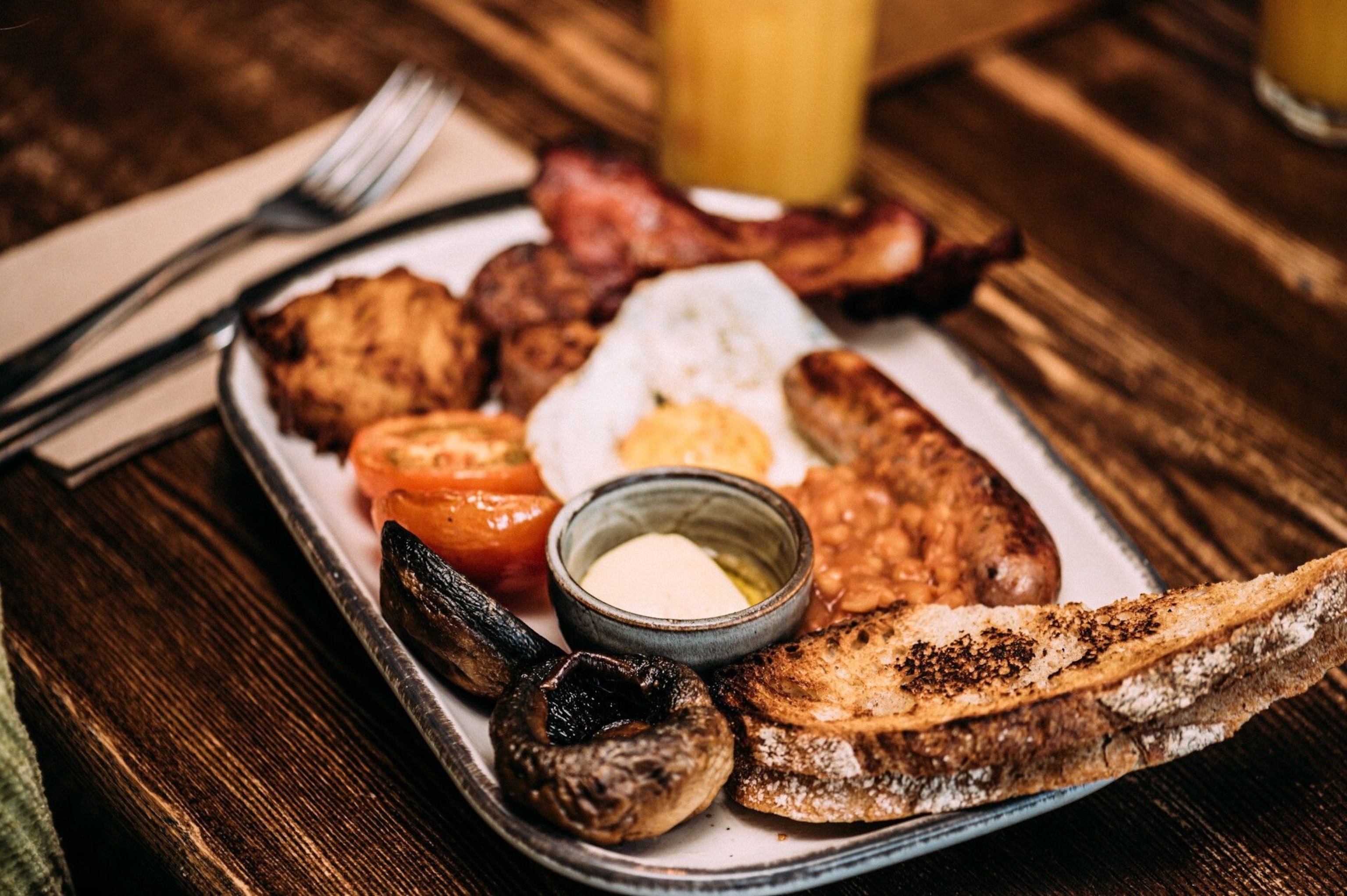 The full Cornish at Hub in St Ives is made with bacon, sausage, sourdough toast, eggs and spicy hog’s pudding.