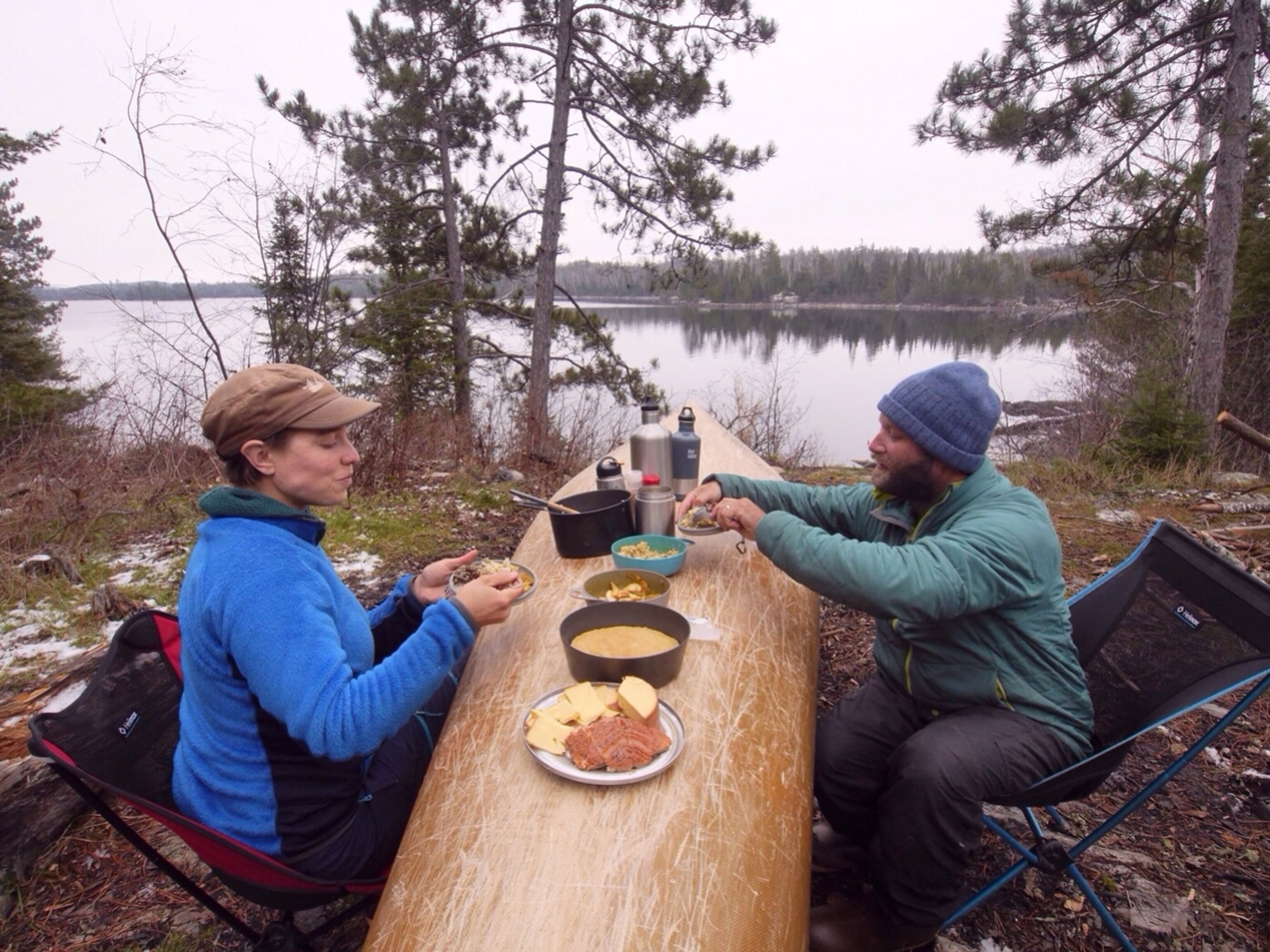 The Freemans sit down for a Thanksgiving Feast on Knife Lake in the heart of the Boundary Waters Canoe Area Wilderness. Photo by: Dave Freeman