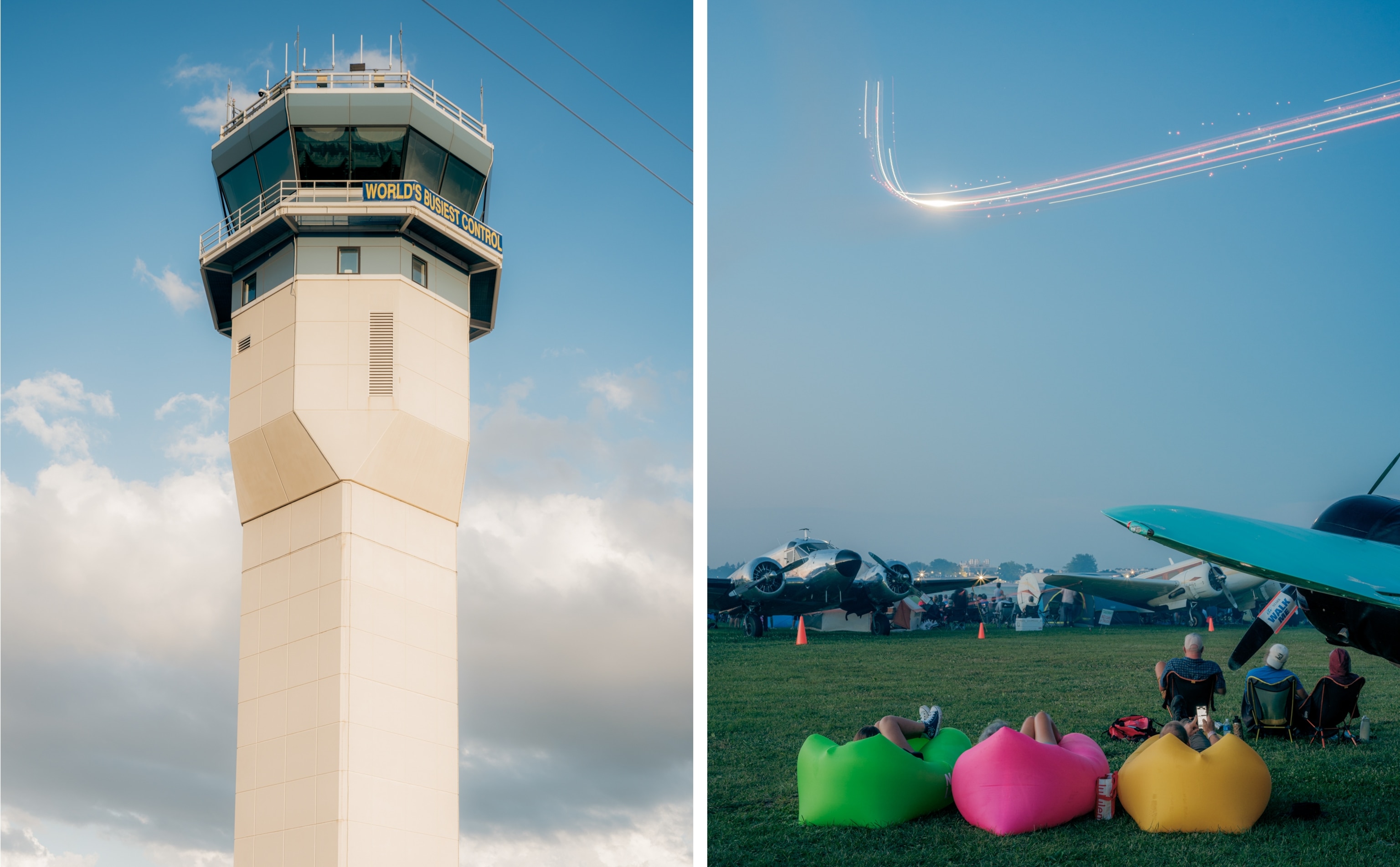 On the left, a tall beige airport control tower against a blue sky. "World's Busiest Control" sign prominently displayed. On the right, People relax on colorful beanbags and chairs, watching planes on a grassy field at dusk. A group of planes leave bright trails in the sky