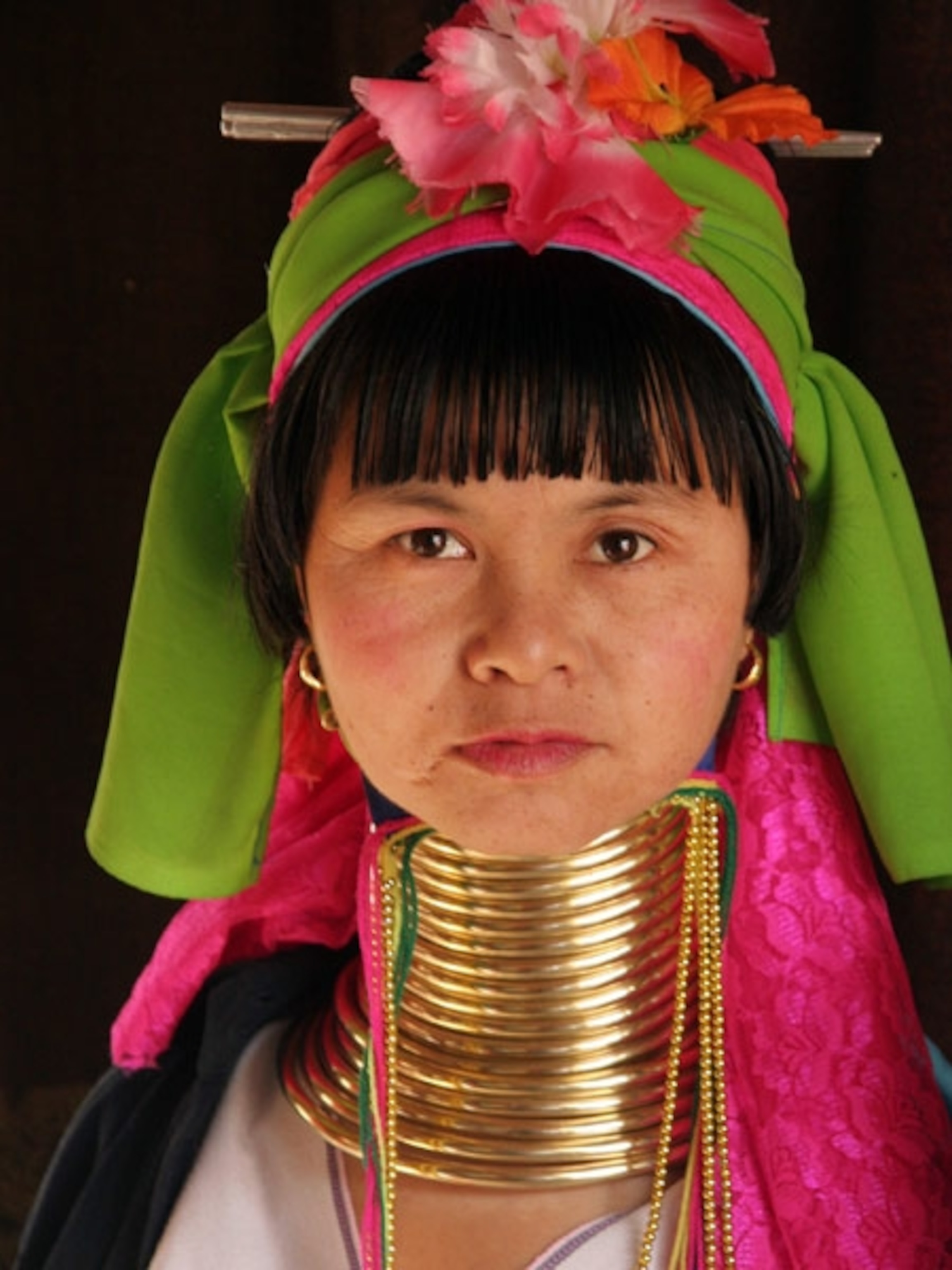 Brightly attired woman with many brass choker necklaces