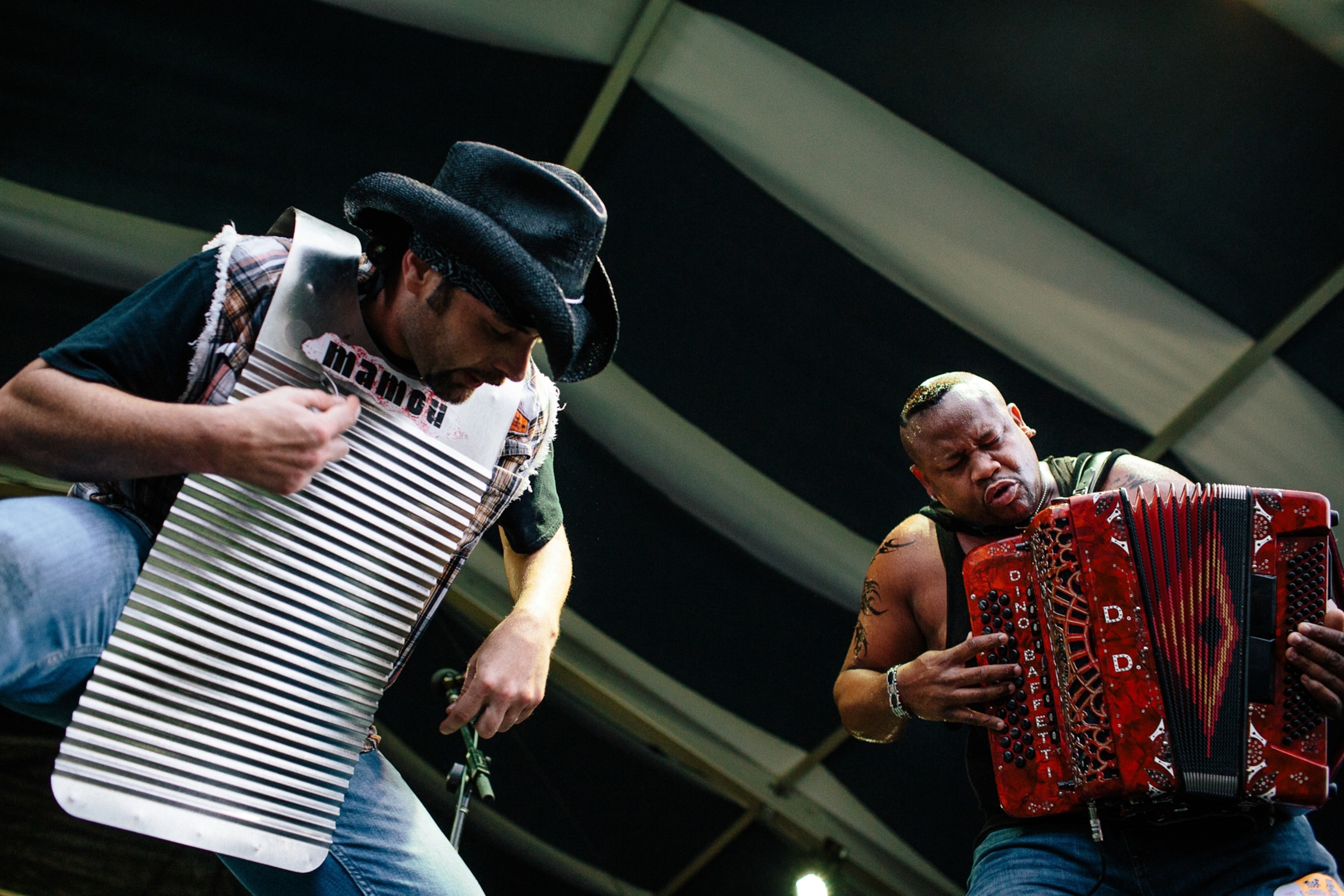 Two musicians perform energetically. One plays a washboard, wearing a cowboy hat, while the other plays a red accordion.