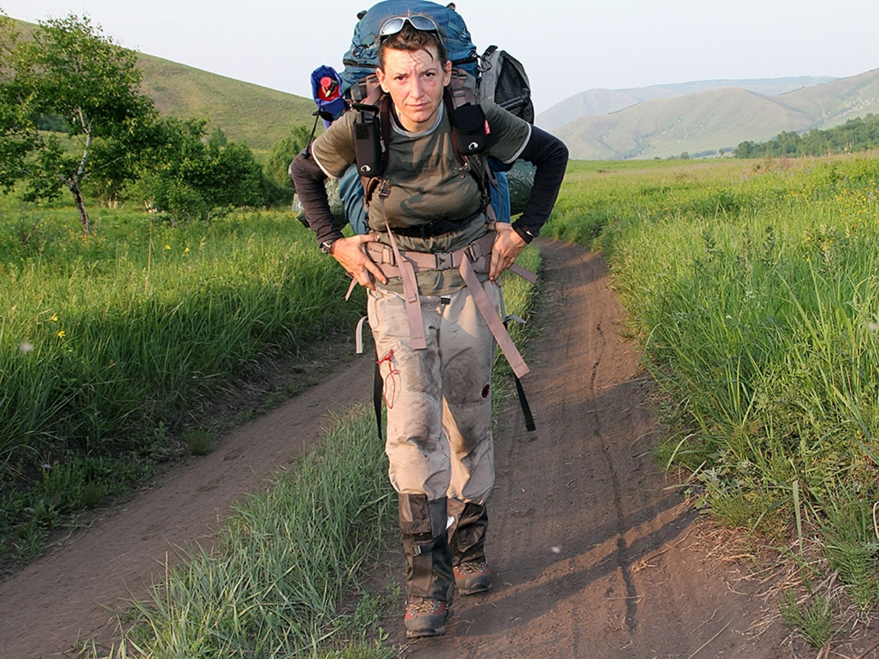Sarah Marquis walking near the Siberian border