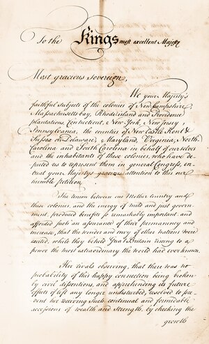 In July 1775, the Continental Congress adopted the so-called Olive Branch Petition, which was addressed to King George III and pledged the colonists&rsquo; loyalty to the crown as a last chance to avoid conflict, despite roiling tensions between the two.