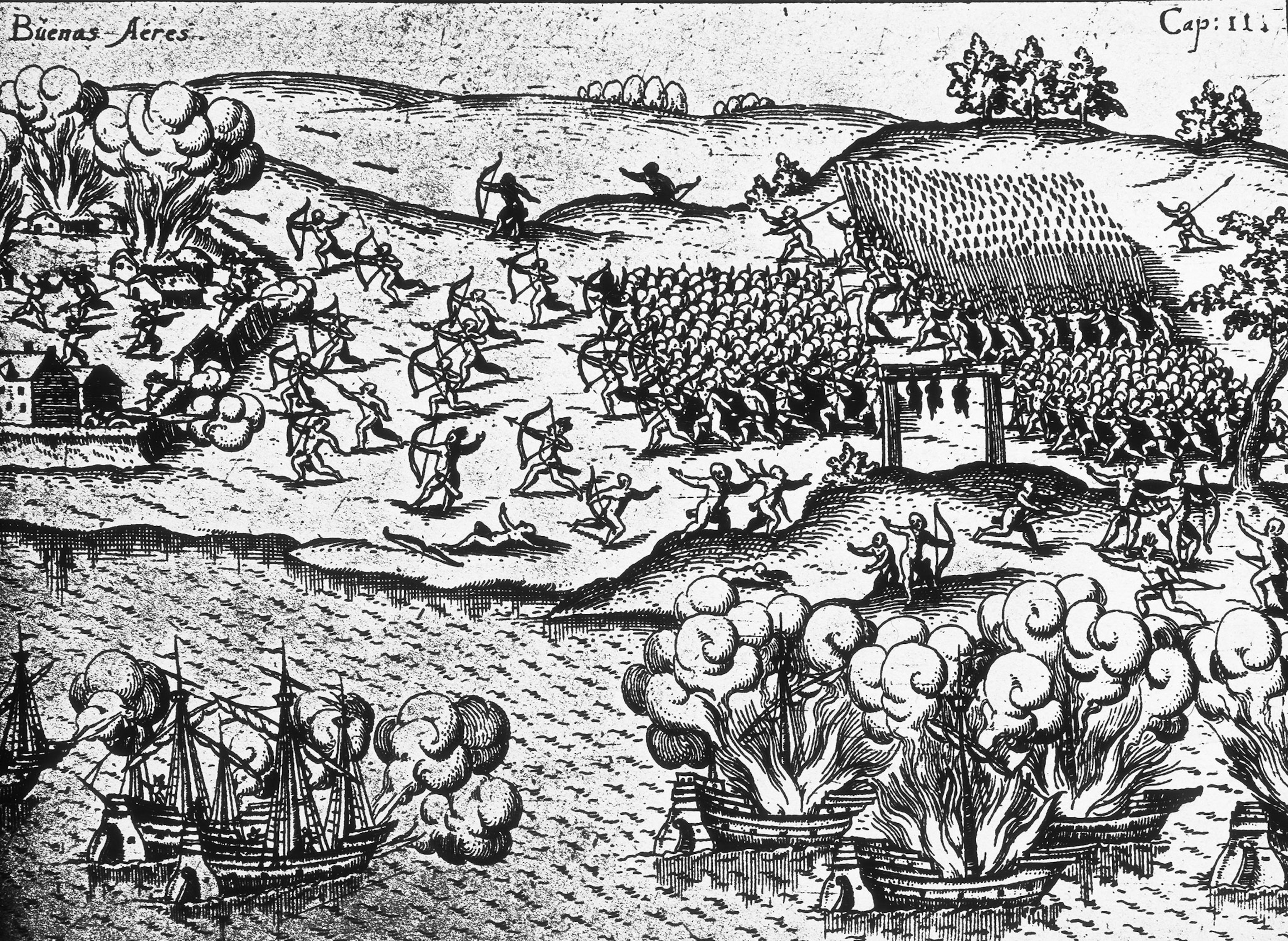 An engraving shows Spanish women helping to defend a fort in Buenos Aires during an attack