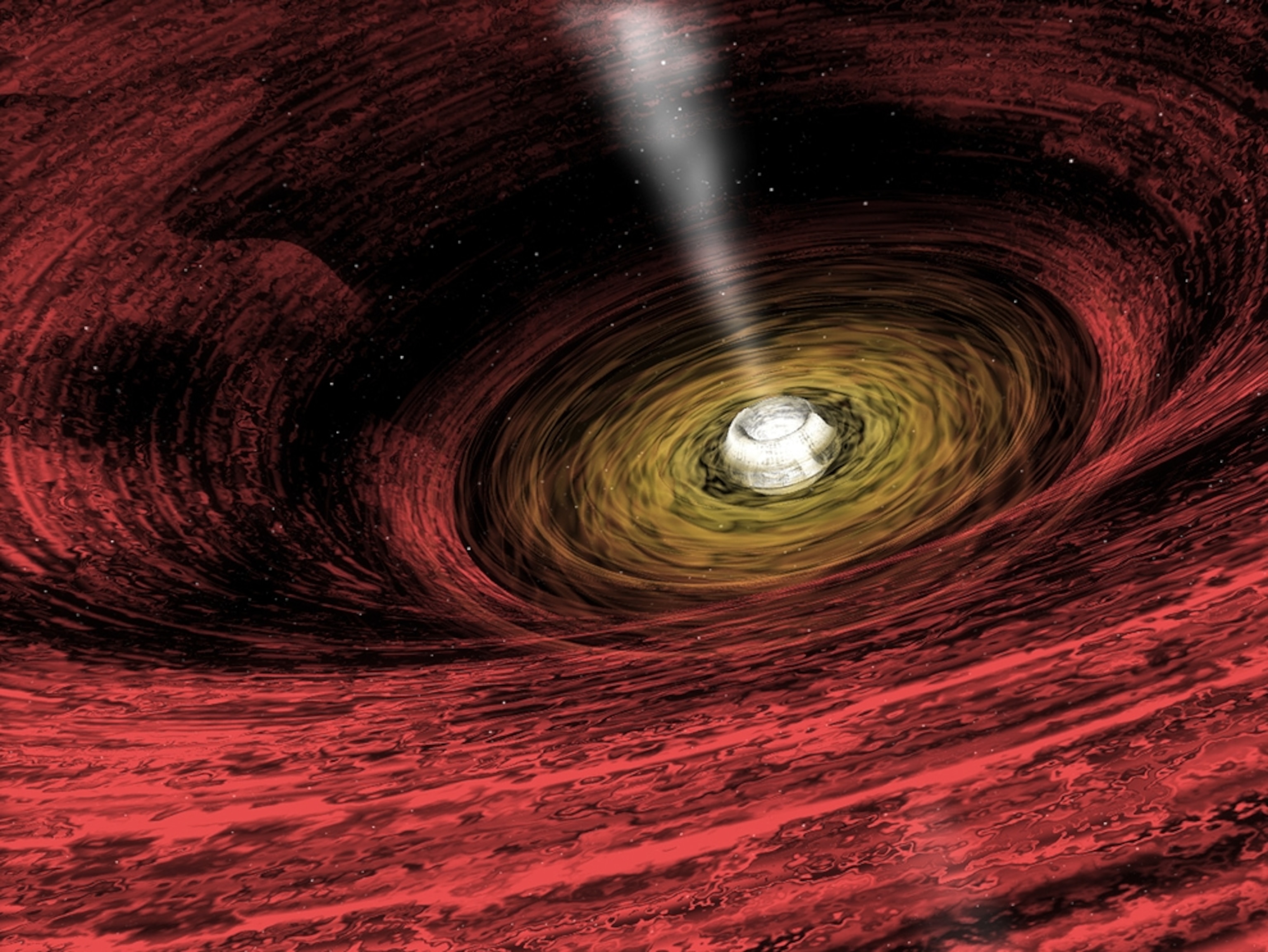 An illustration of a growing black hole in the early universe.