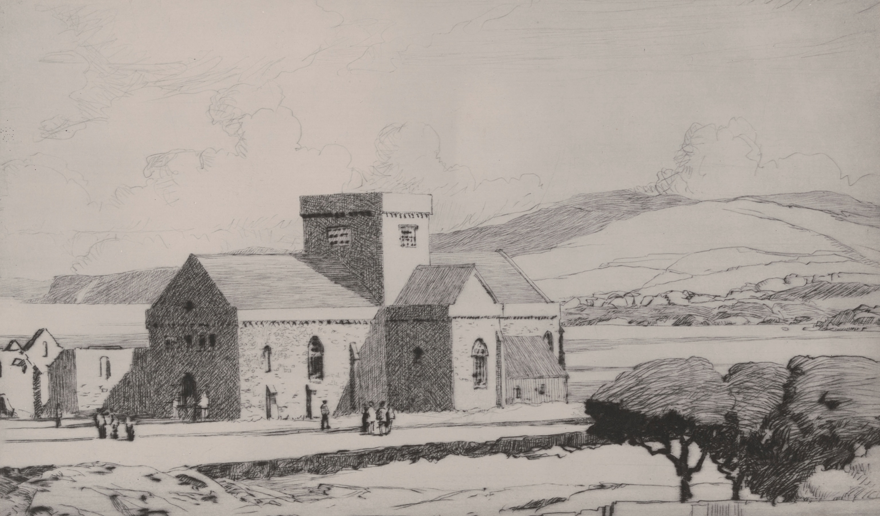 This drawing by Norman Wilkinson depicts a chapel on Iona Island.
