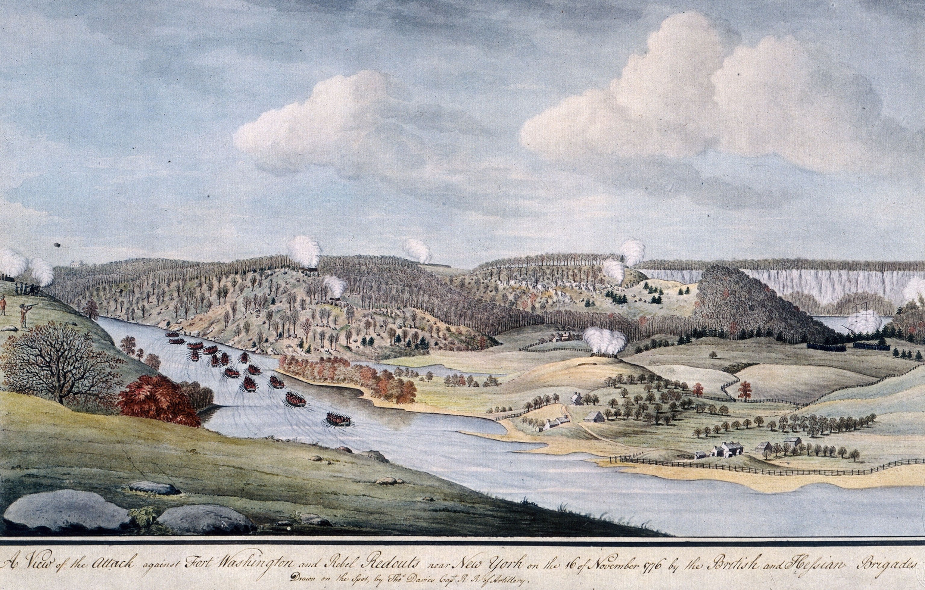 Painting by Thomas Davies depicting the Attack on Fort Washington and Rebel Redouts near New York by the British and Hessian Brigades. New York, USA, 16 November 1776.