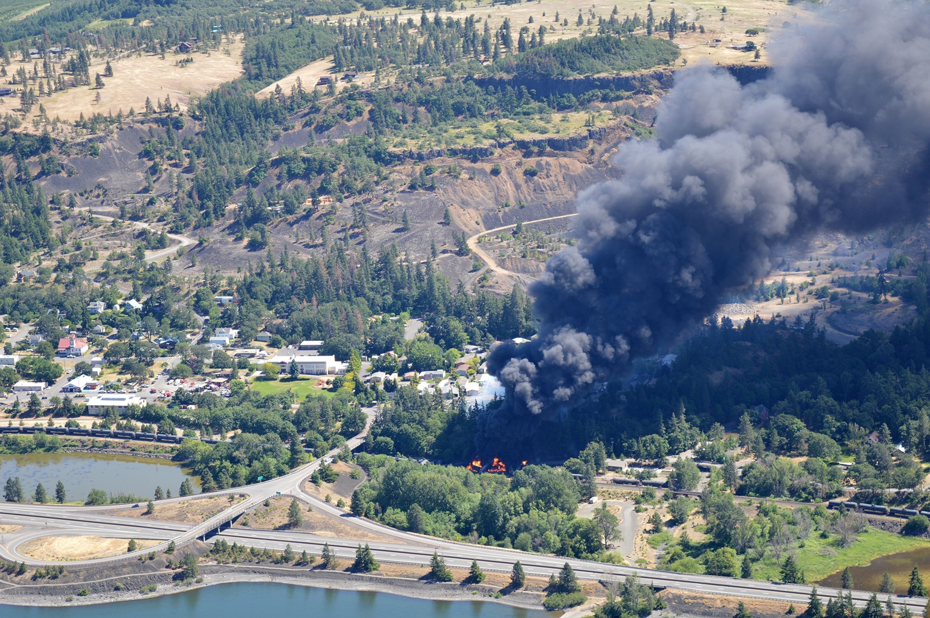 smoke and fire from an oil train derailment in Mosier in the Columbia River Gorge